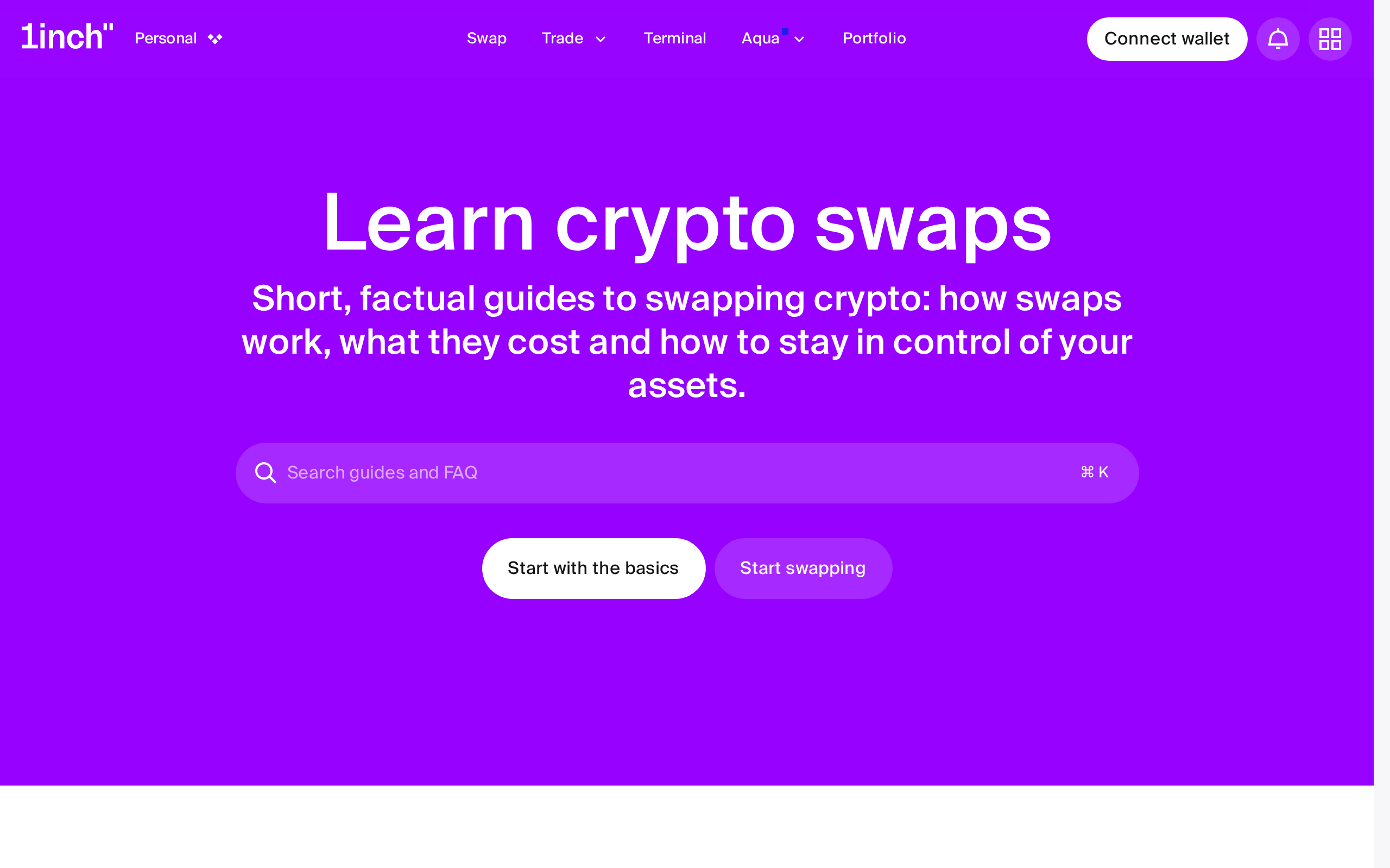 1inch Learn page headed Learn crypto swaps with a line about short factual guides
