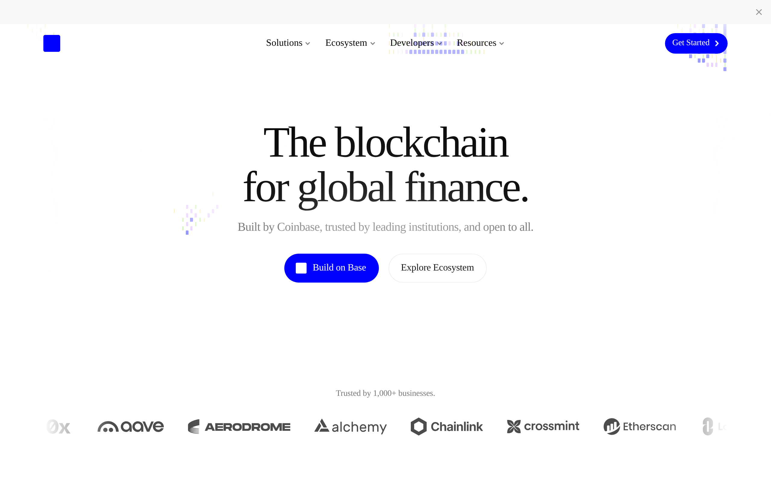 Base network homepage with the line The blockchain for global finance