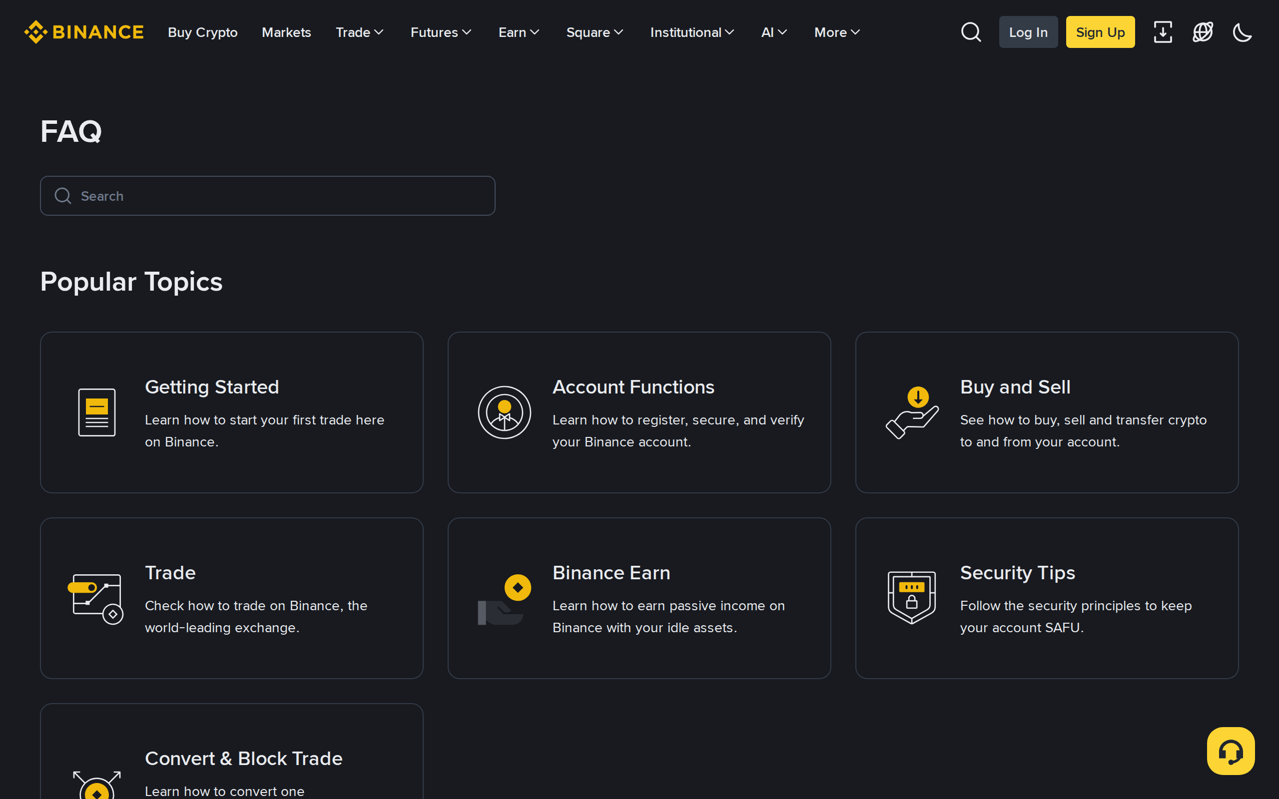 Binance Support FAQ page with Popular Topics such as Getting Started and Account Functions