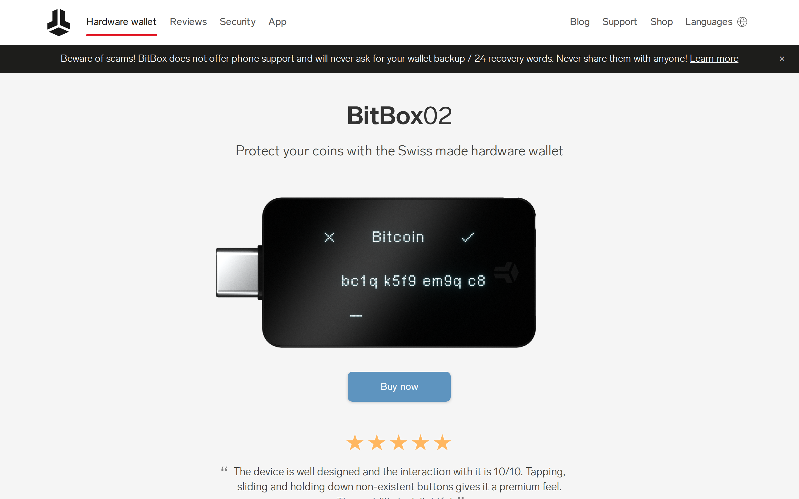 BitBox02 product page with the headline BitBox02 and a picture of the verify transaction screen