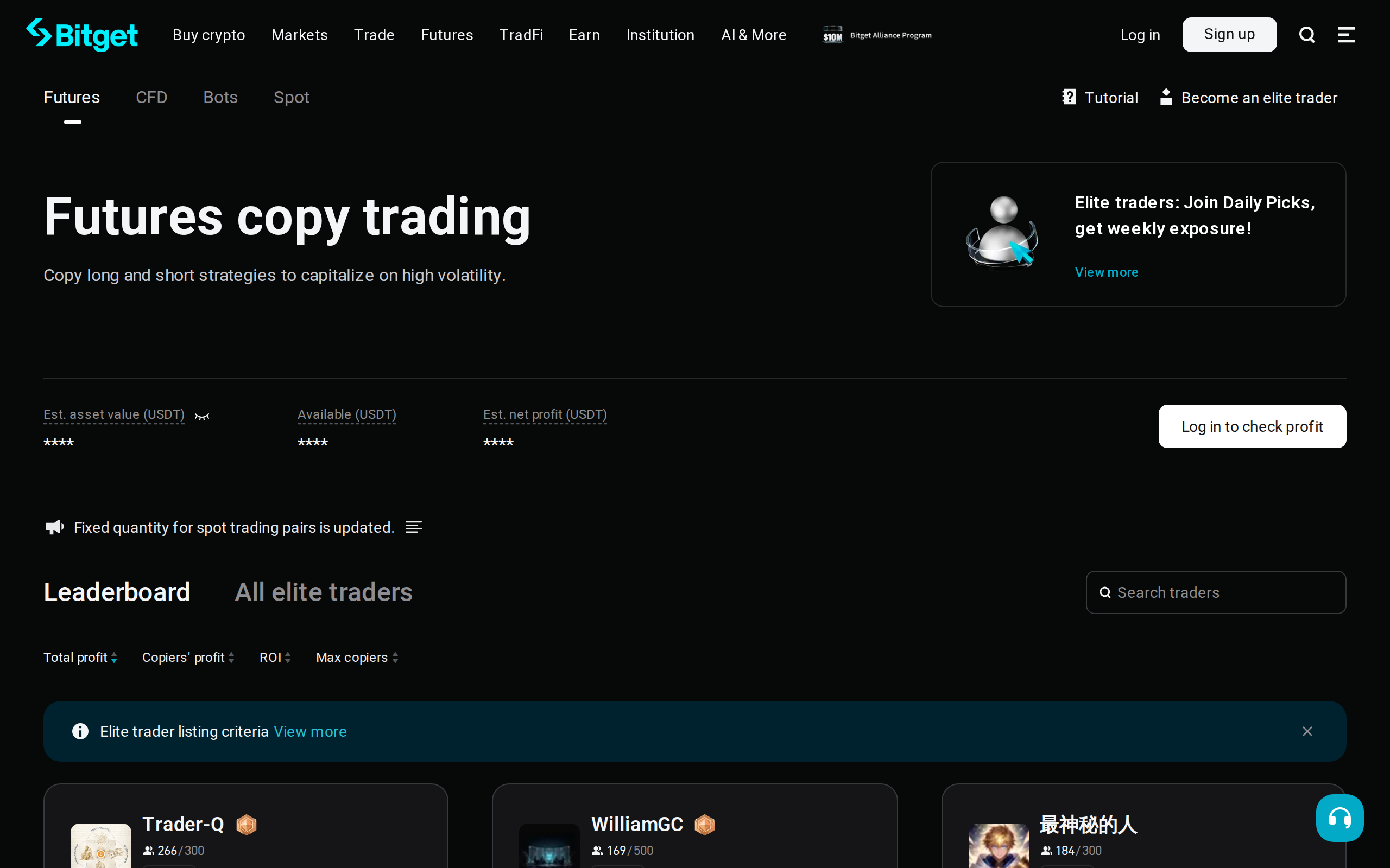 Bitget futures copy trading page with the heading Futures copy trading