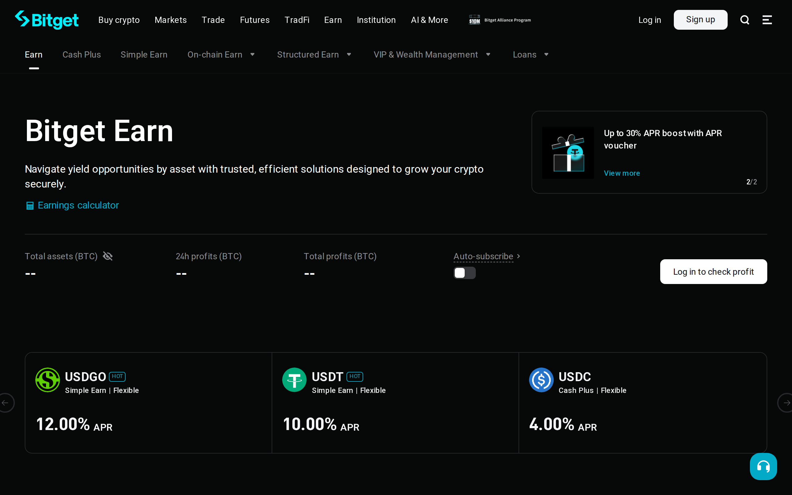 Bitget Earn page with the heading Bitget Earn and an APR voucher offer