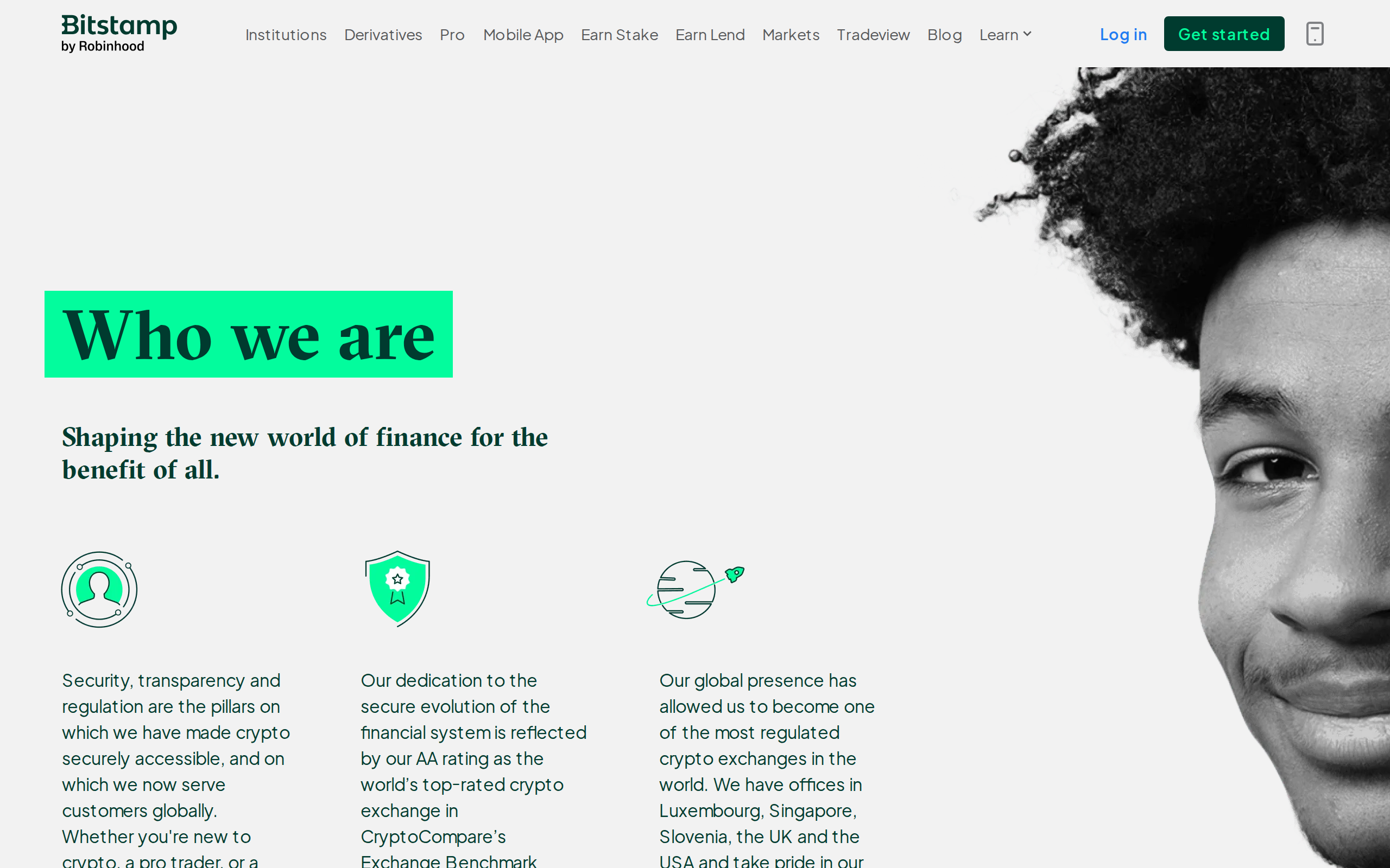 Bitstamp About page headed Who we are, describing security, transparency and regulation