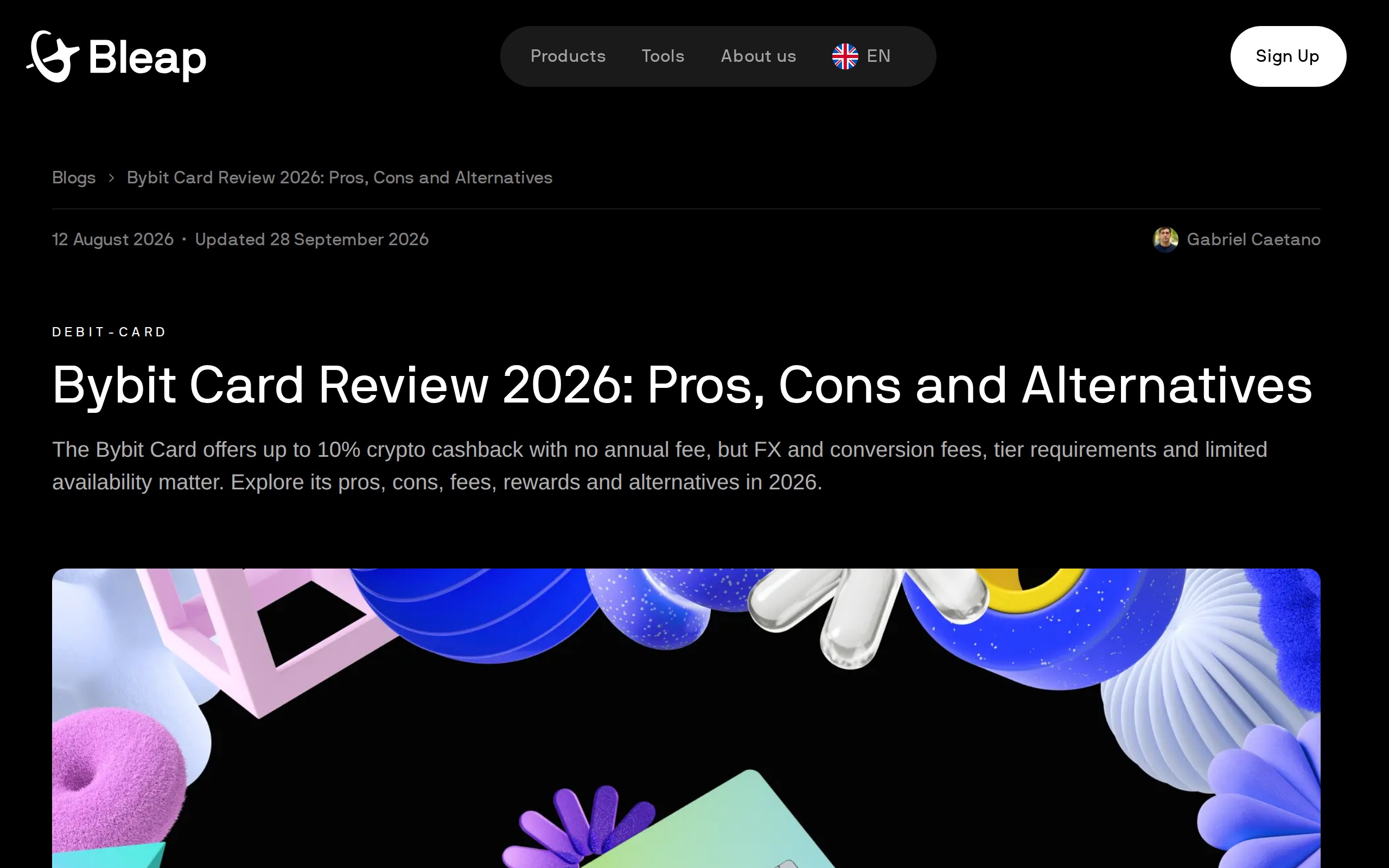 Bleap's Bybit Card review page, headlined 'Pros, Cons and Alternatives'