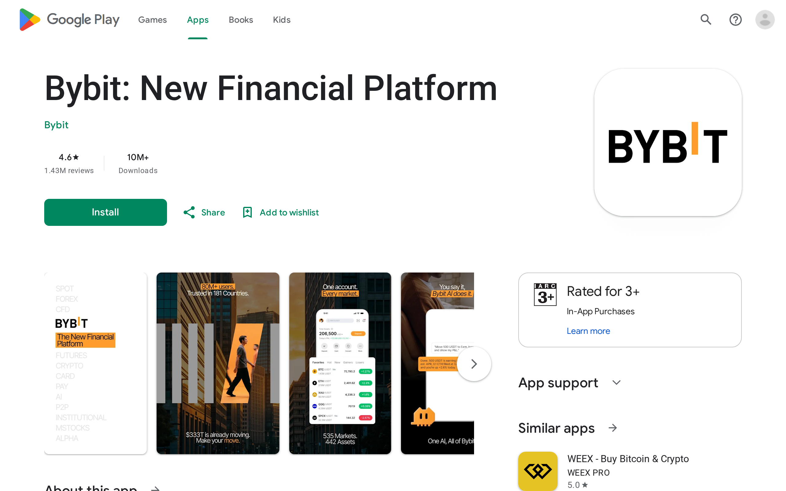 Google Play listing for Bybit titled Bybit: New Financial Platform with About this app and App support sections