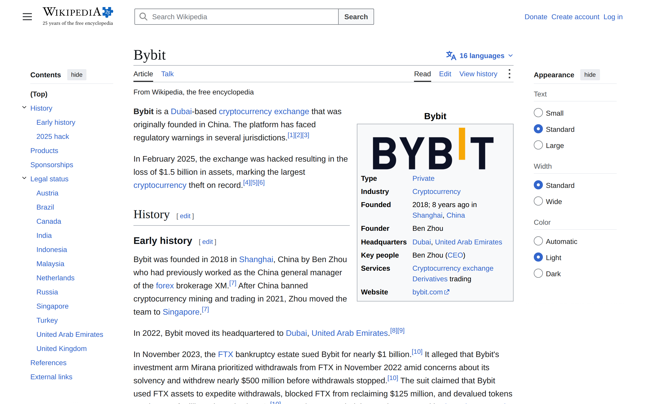 Wikipedia article on Bybit with History and Legal status sections listing countries from Austria to the United Arab Emirates