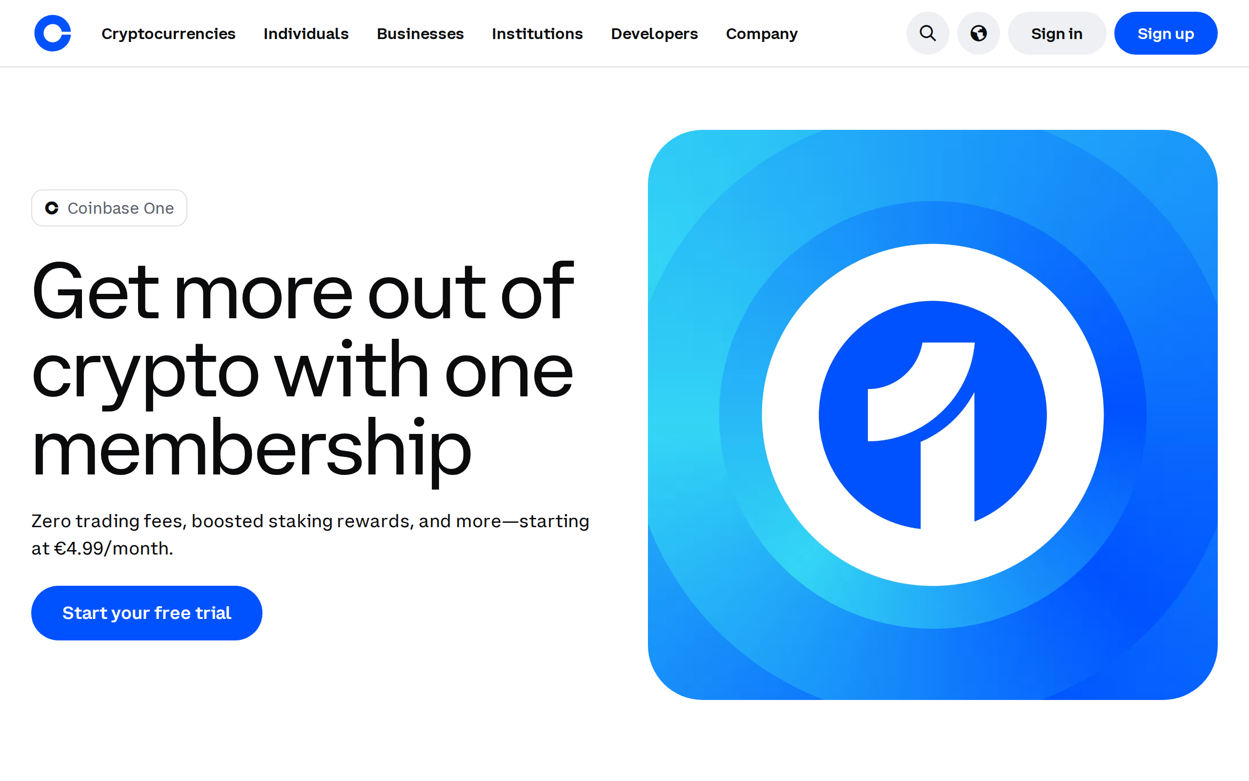 Coinbase One page with the heading Get more out of crypto with one membership and a euro monthly price