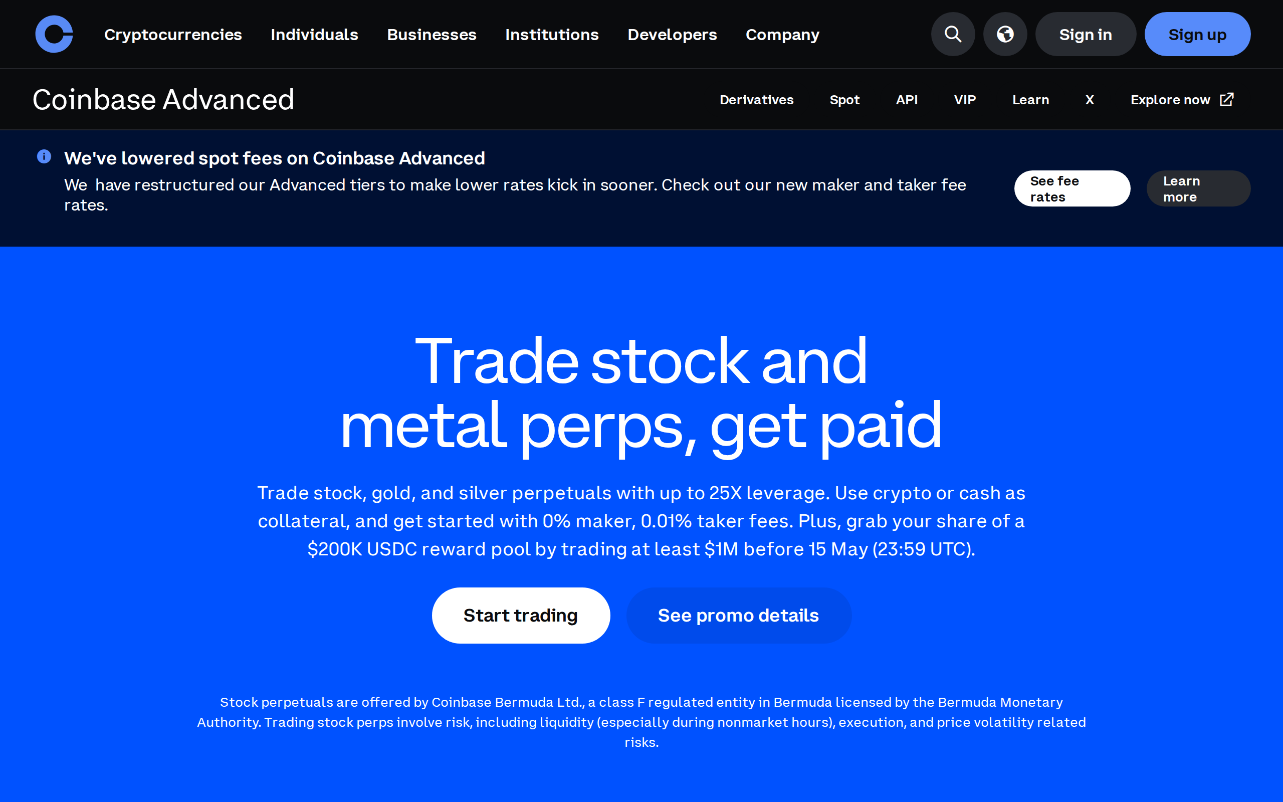 Coinbase Advanced page announcing lowered spot fees and new tiers