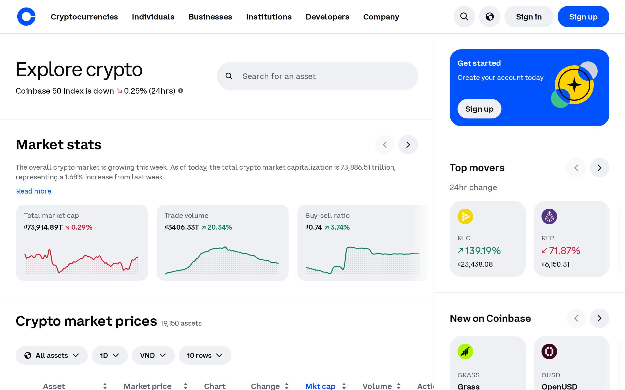 Coinbase Explore page with market stats and crypto market prices