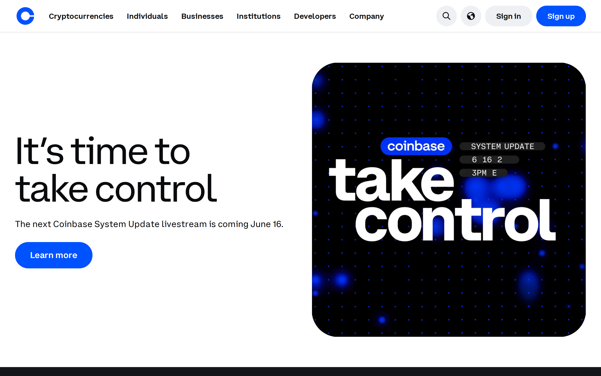 Coinbase homepage with the headline It's time to take control