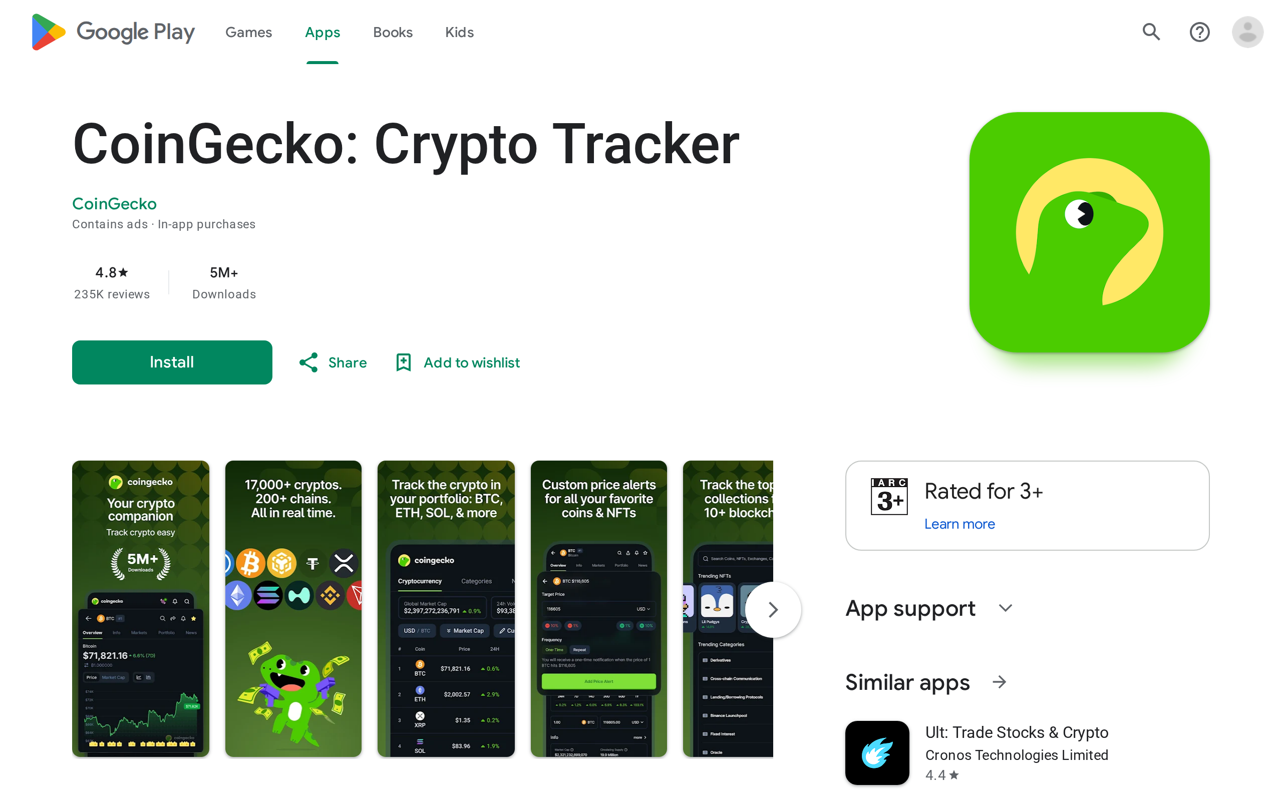 CoinGecko Crypto Tracker listing on Google Play with app support and similar apps sections