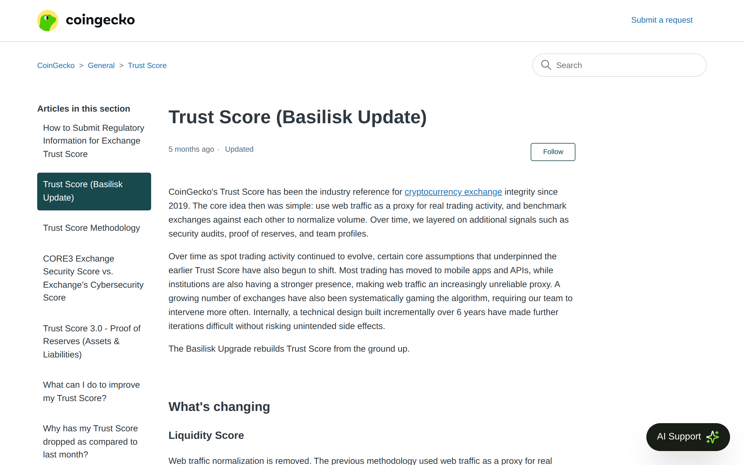 CoinGecko support article titled Trust Score (Basilisk Update) with a section on what is changing and the Liquidity Score