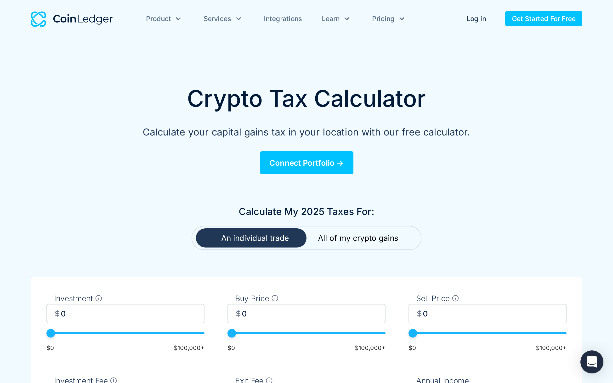 CoinLedger free crypto tax calculator page