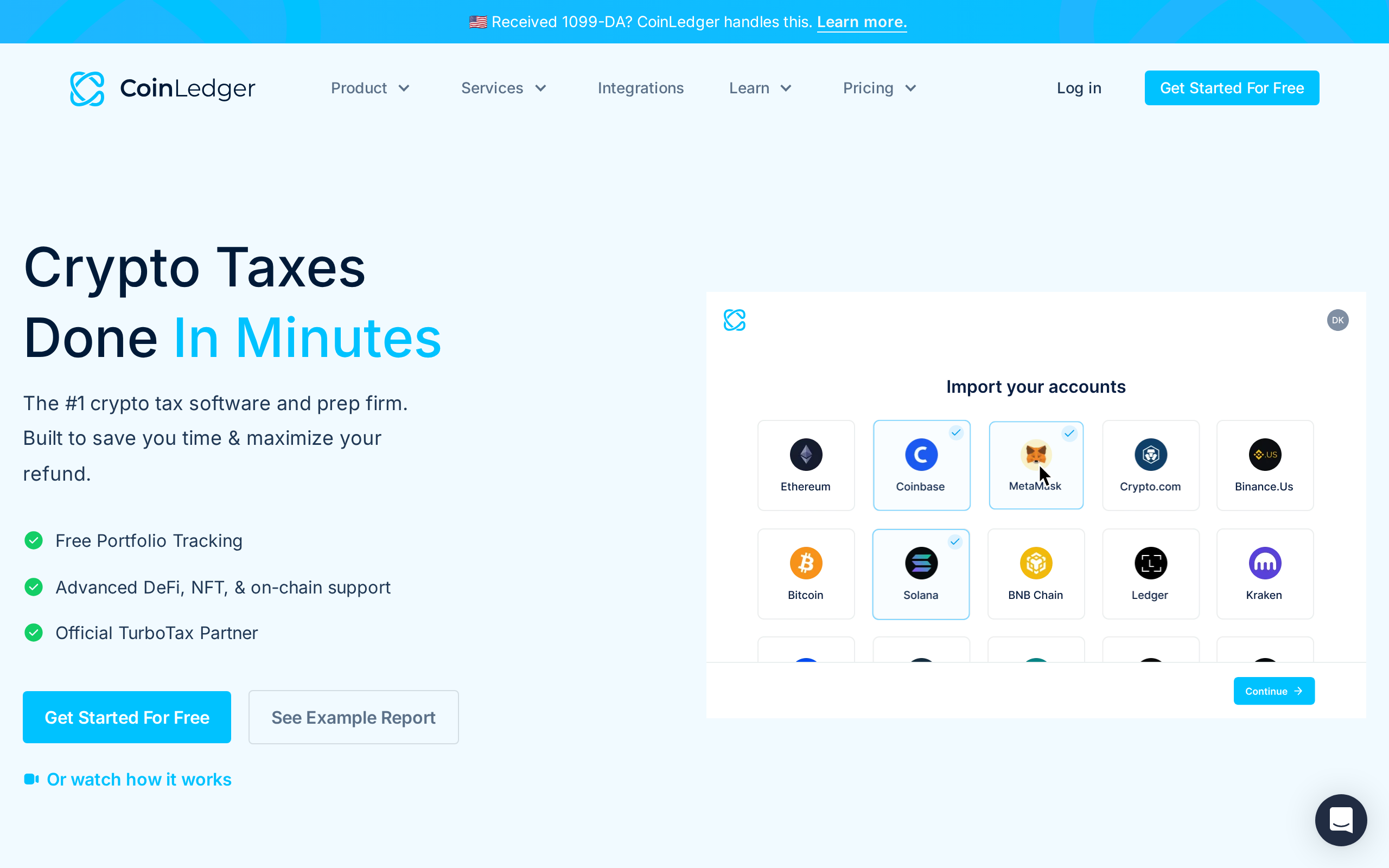 CoinLedger homepage headline Crypto Taxes Done In Minutes with an Official TurboTax Partner badge