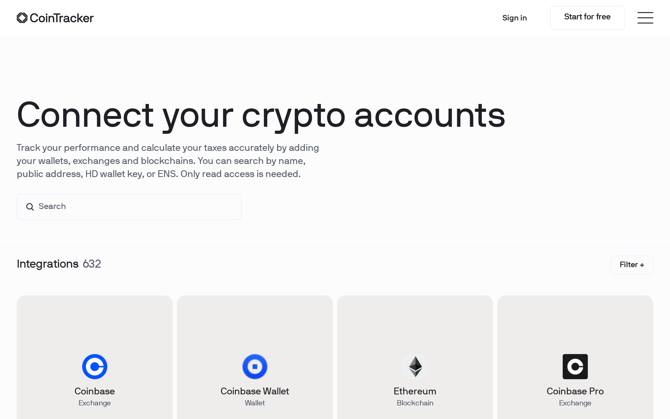 The CoinTracker integrations page with the heading Connect your crypto accounts