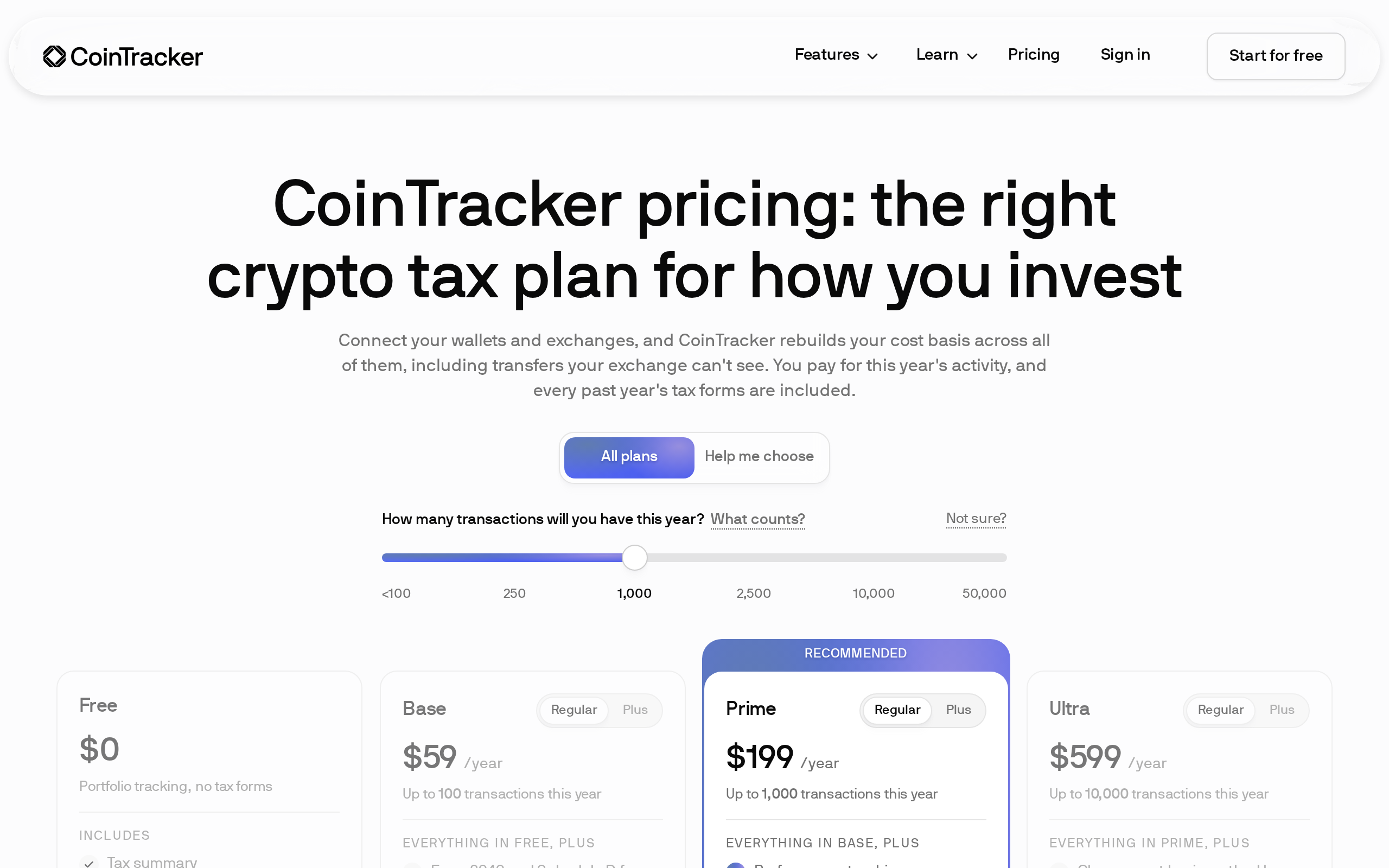 The CoinTracker pricing page listing Free at $0, Base at $59 and Prime at $199