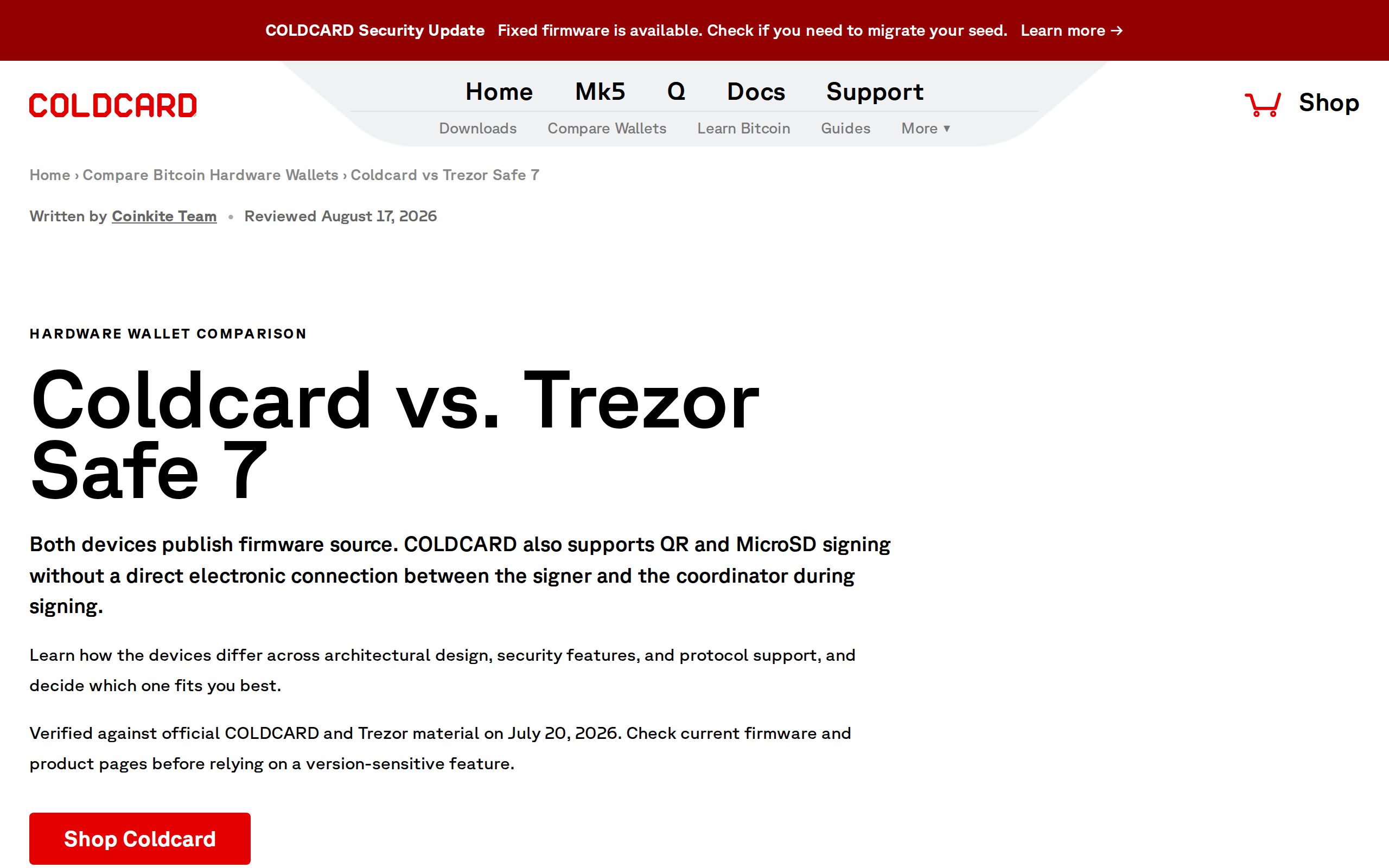 Coldcard comparison page for the Coldcard and Trezor Safe 7, with a note that both publish firmware source