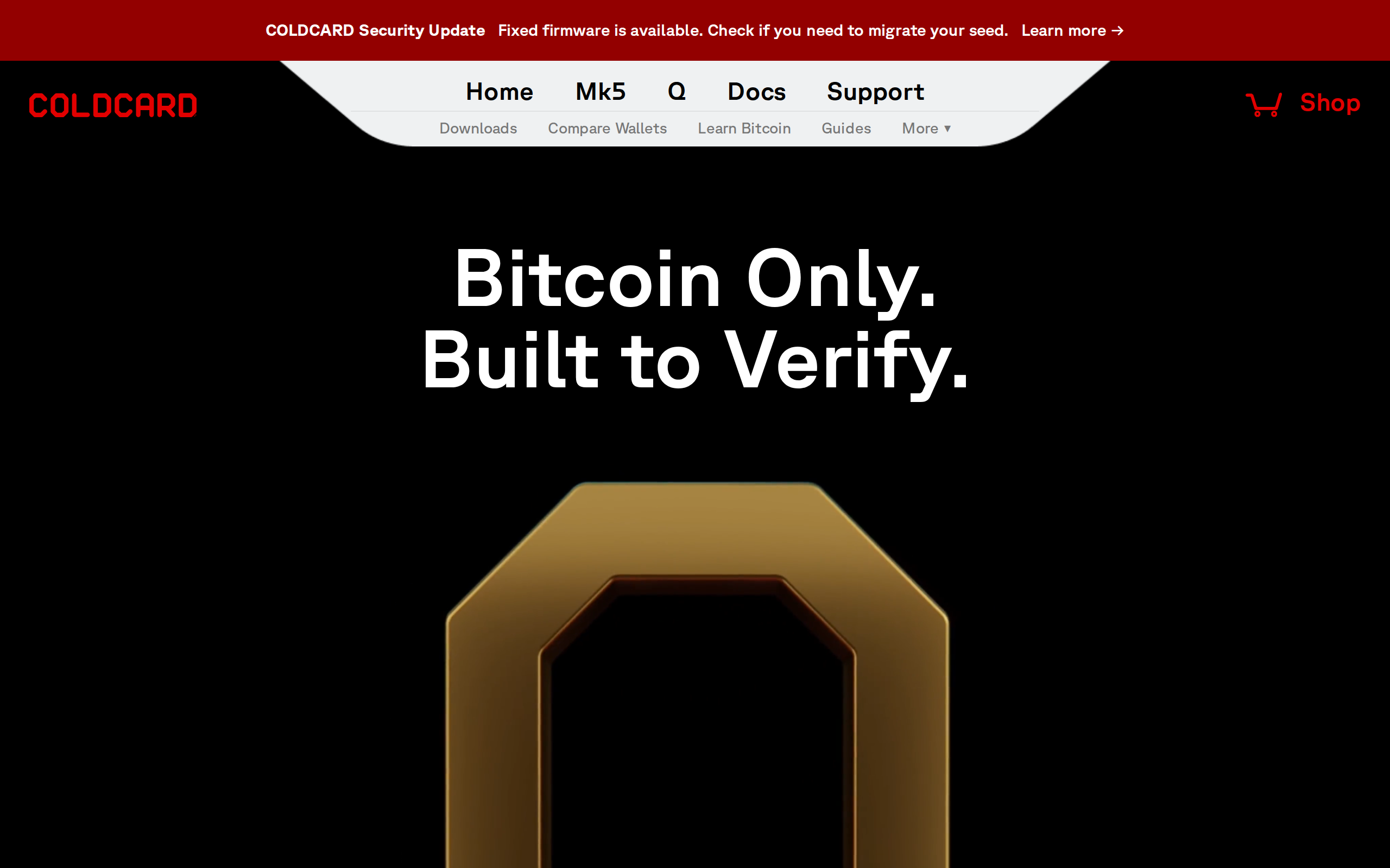 Coldcard Q product page with the headline Bitcoin Only, Built to Verify over a dark background and video