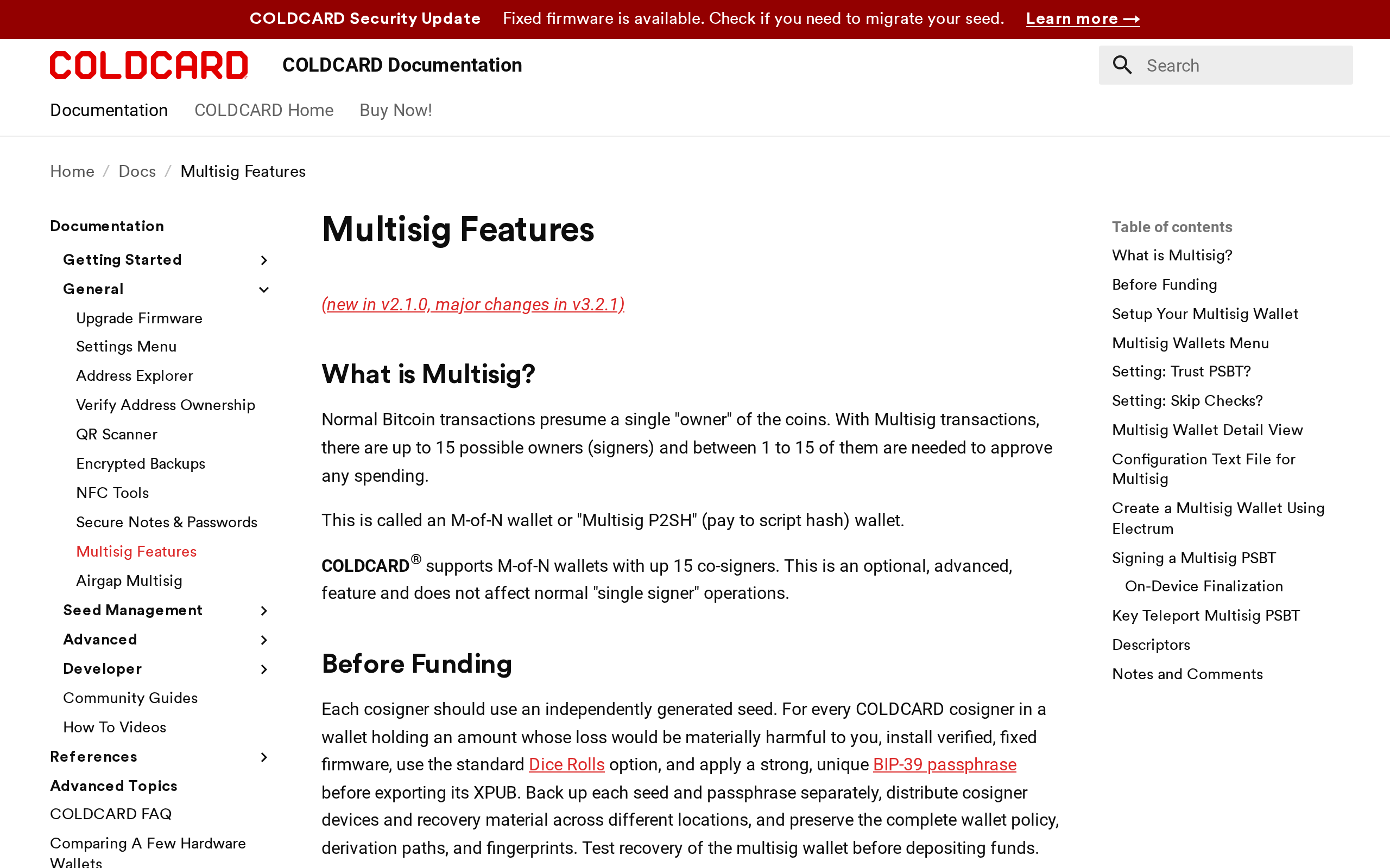 Coldcard documentation page titled Multisig Features, with sections on what multisig is and what to do before funding