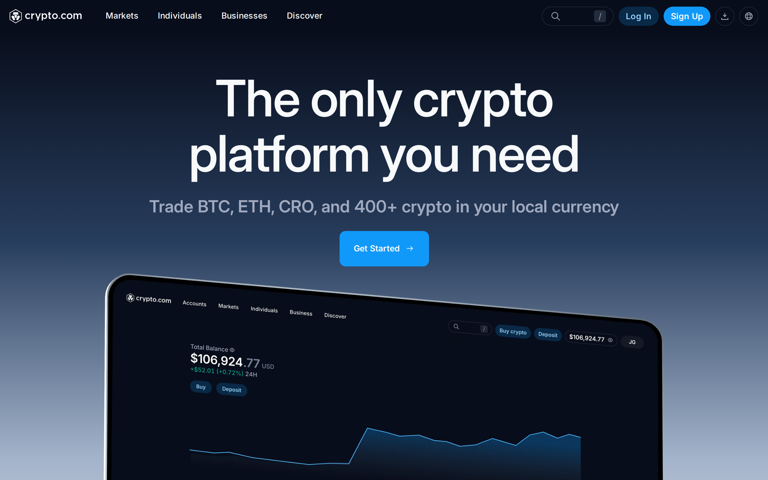 Crypto.com home page with the heading The only crypto platform you need and a phone showing the app