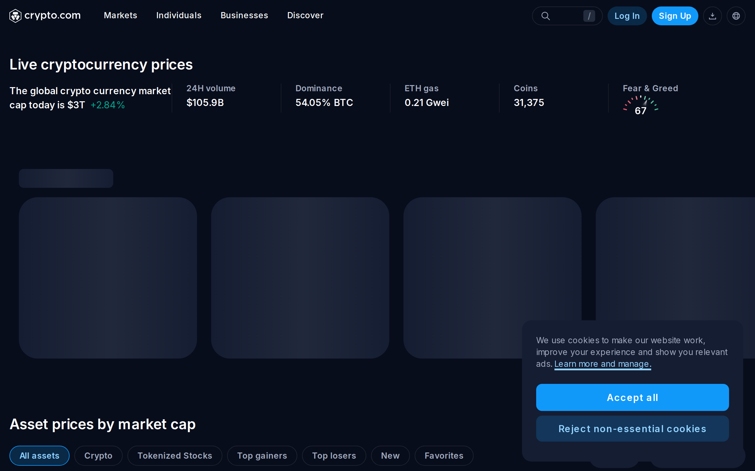 Crypto.com live prices table with the heading Live cryptocurrency prices