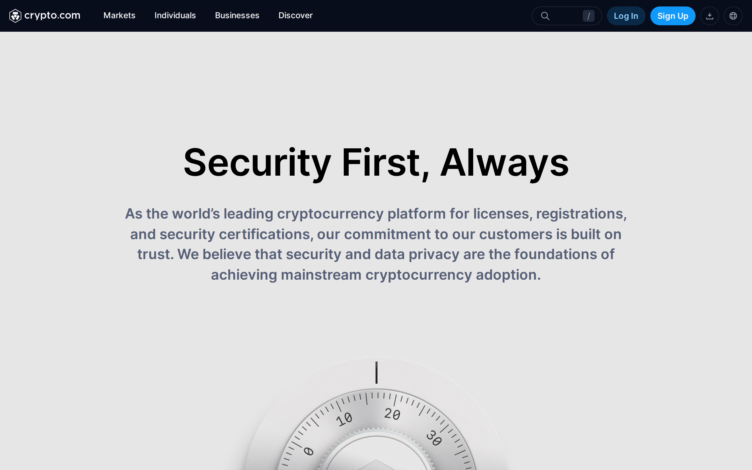 Crypto.com security page with the heading Security First, Always and a safe dial graphic