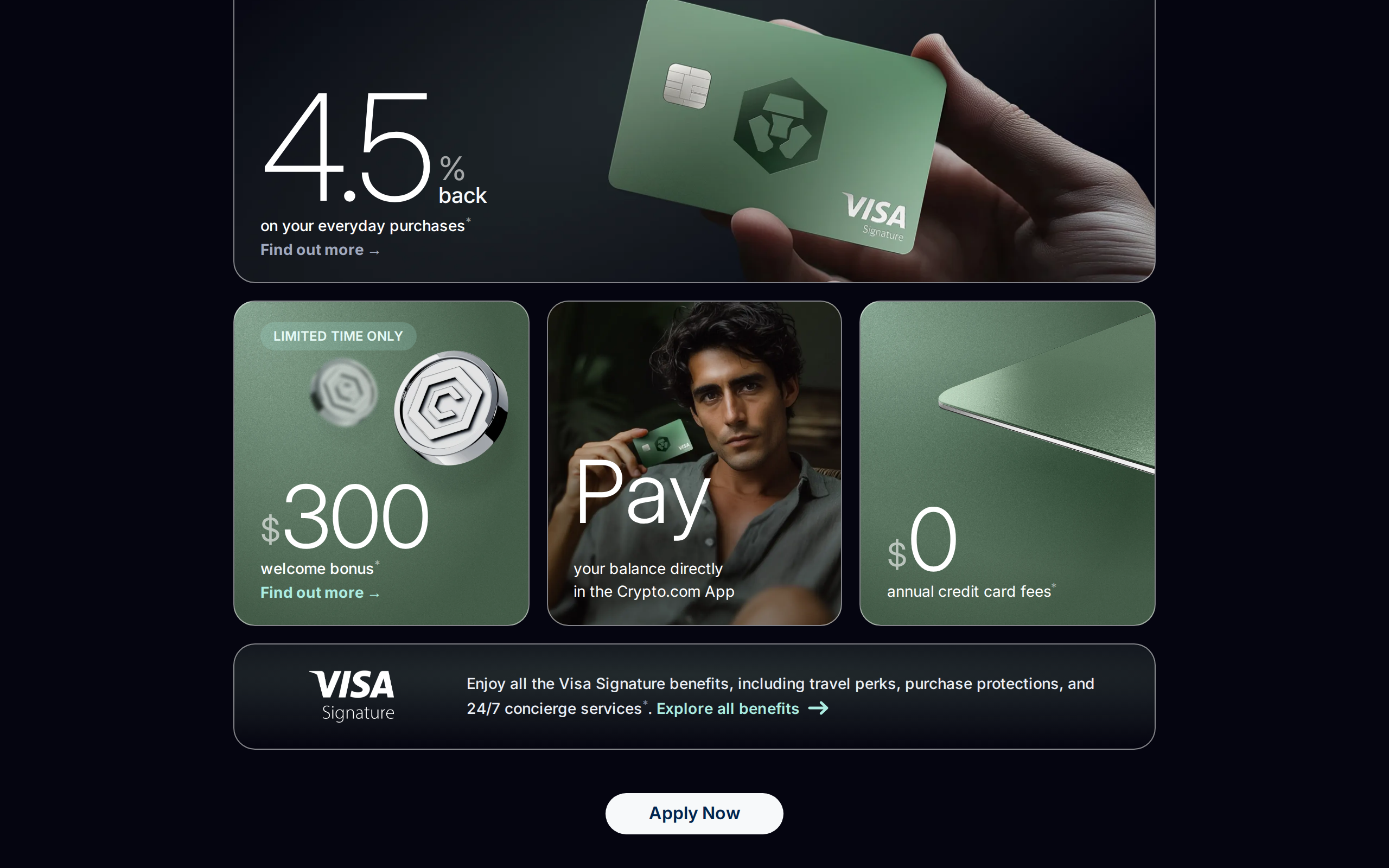 Crypto.com card page panels with 4.5% back on everyday purchases, a $300 welcome bonus and $0 annual credit card fees