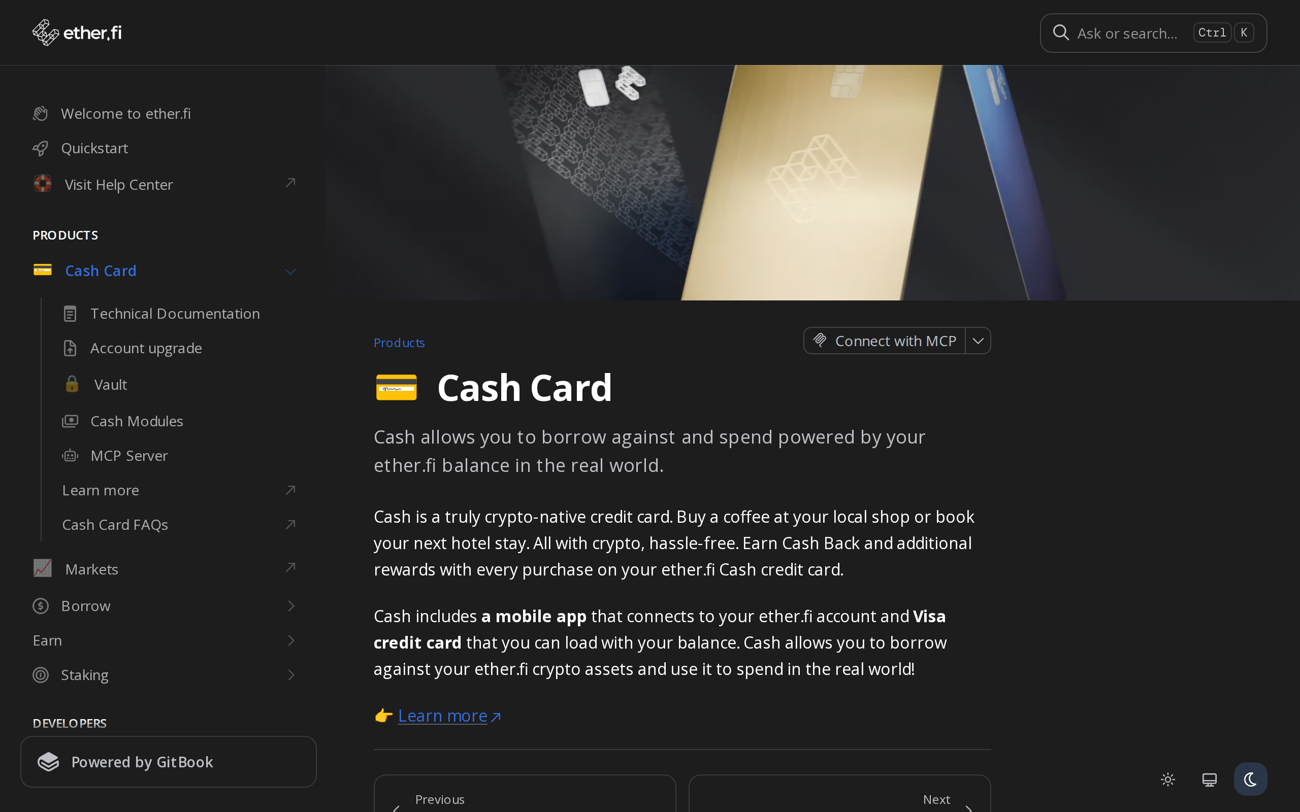 ether.fi docs page titled Cash Card in a sidebar listing Cash Card, Markets, Borrow, Earn and Staking