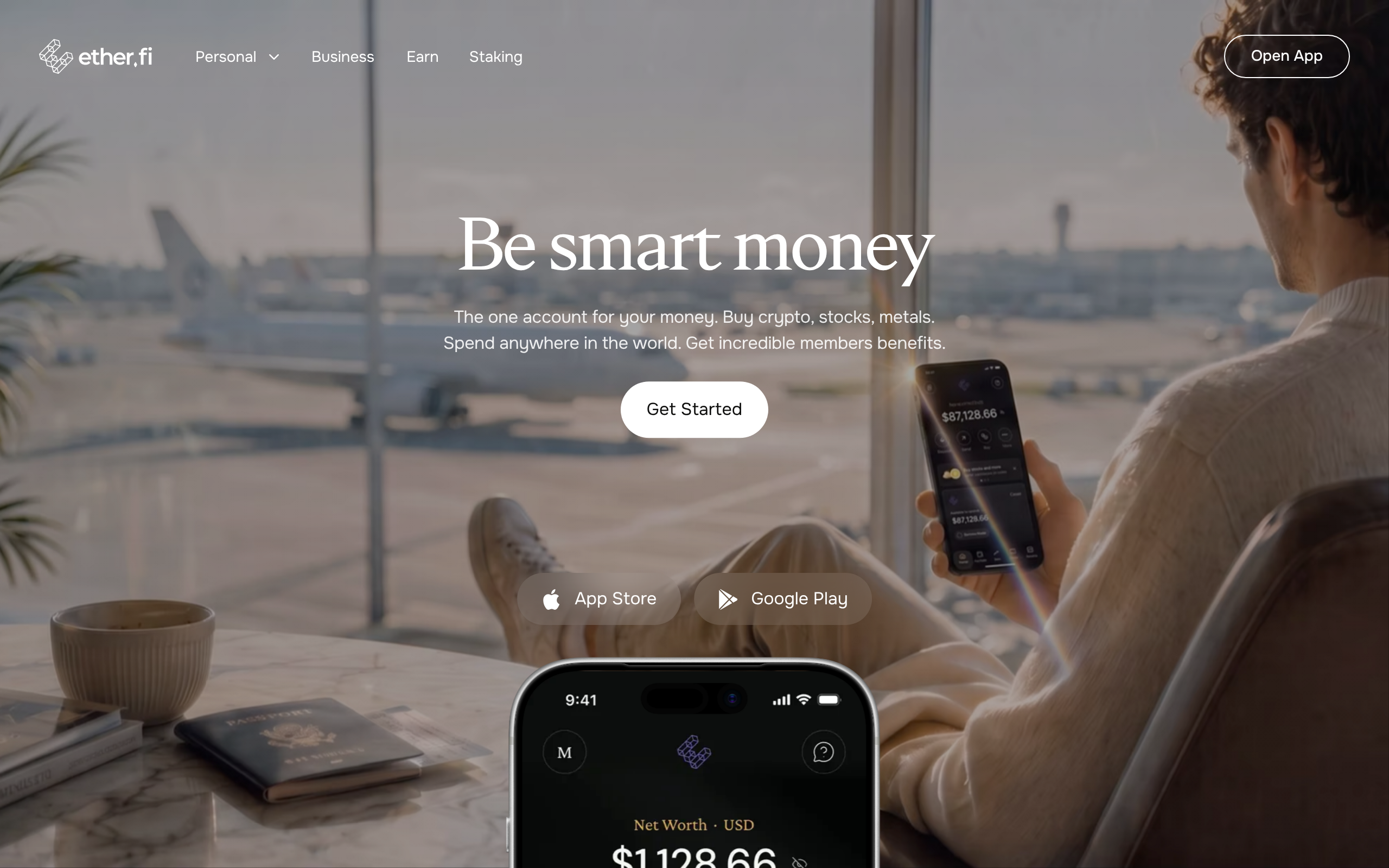 ether.fi homepage with the headline Save, Grow, Spend above tier names and a phone mockup