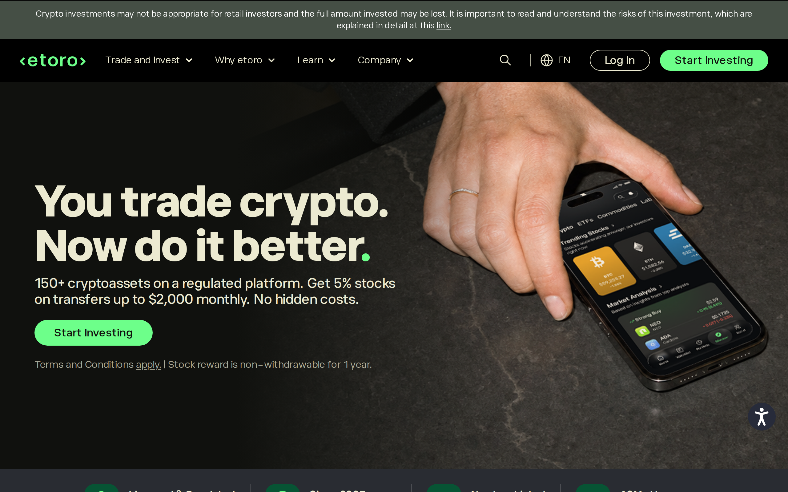 eToro crypto page headed You trade crypto, now do it better, with a dark banner about 150 plus cryptoassets on a regulated platform