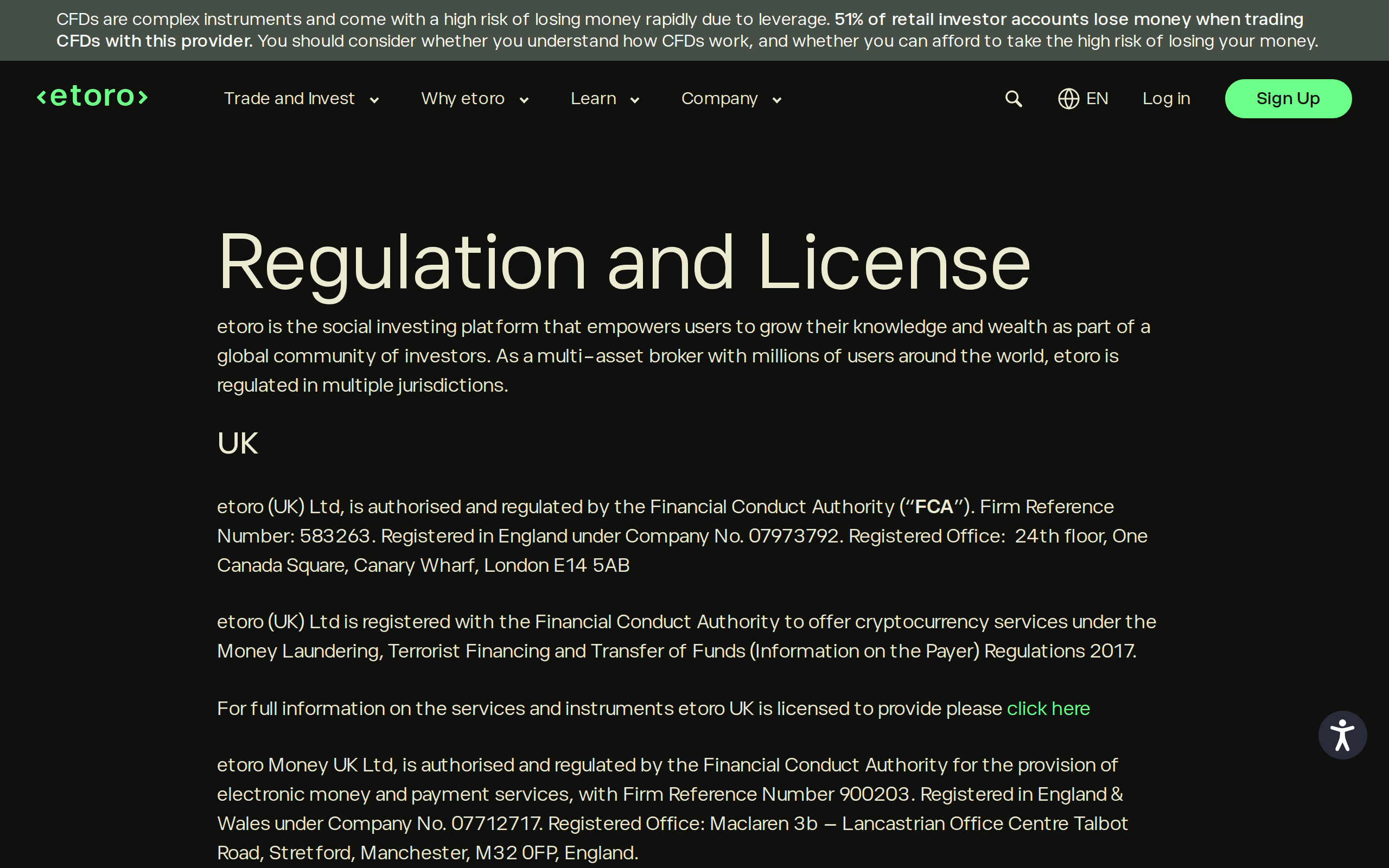 eToro Regulation and License page opening with a UK section naming the FCA