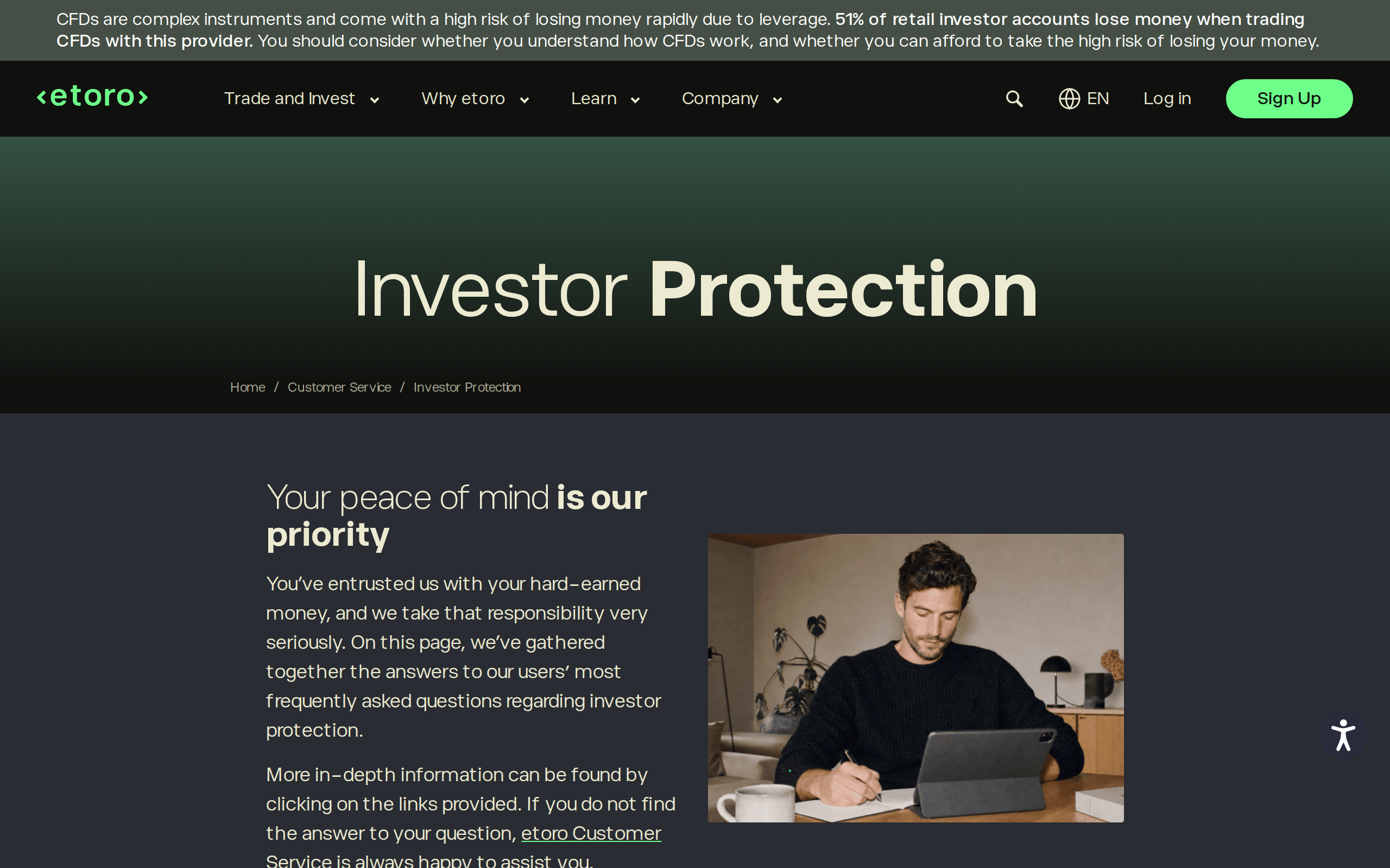 eToro Investor Protection page headed Your peace of mind is our priority