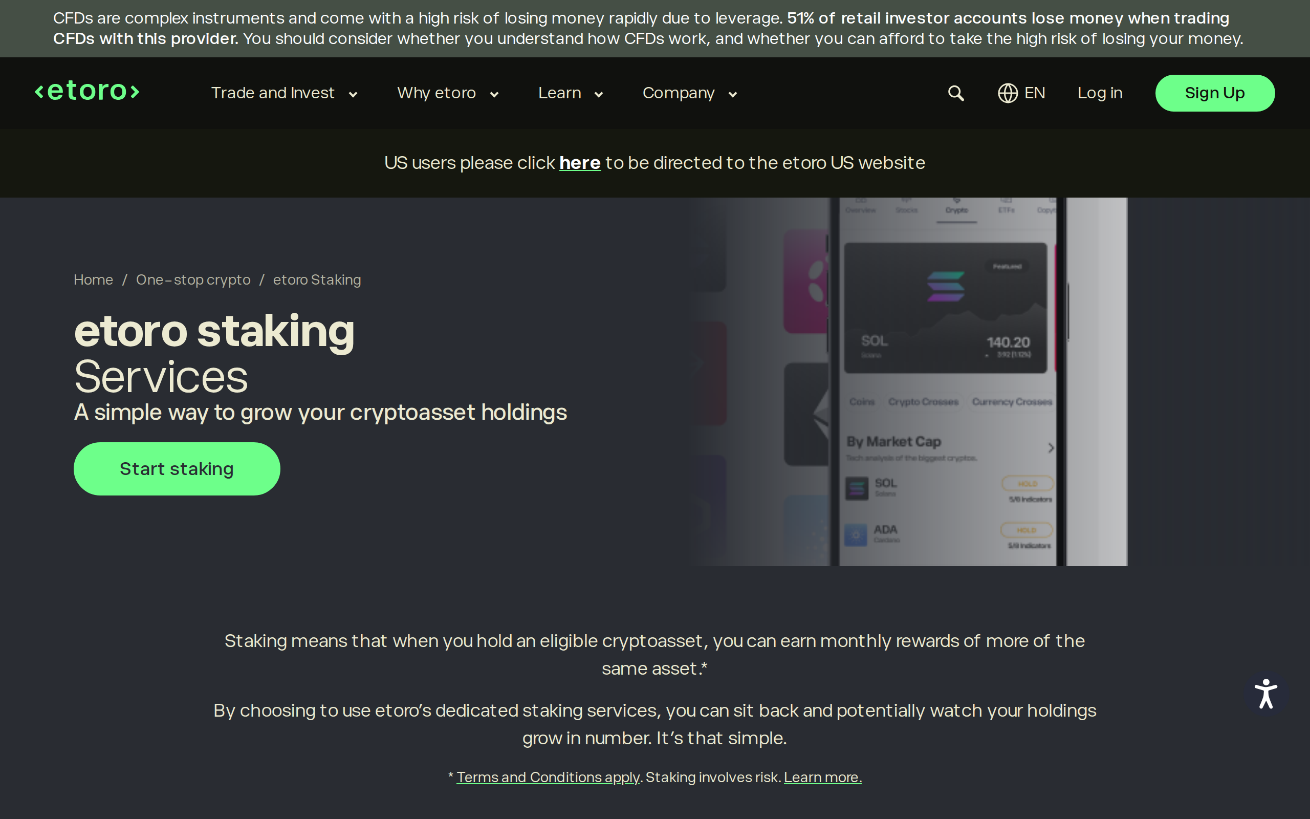 eToro staking services page headed etoro staking Services