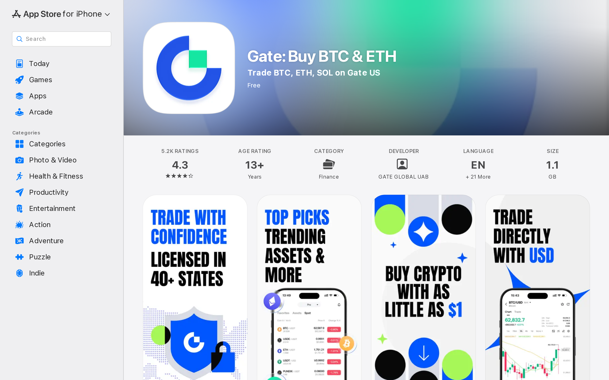 Apple App Store listing for Gate showing the developer Gate Global UAB and a line about trading BTC, ETH and SOL on Gate US