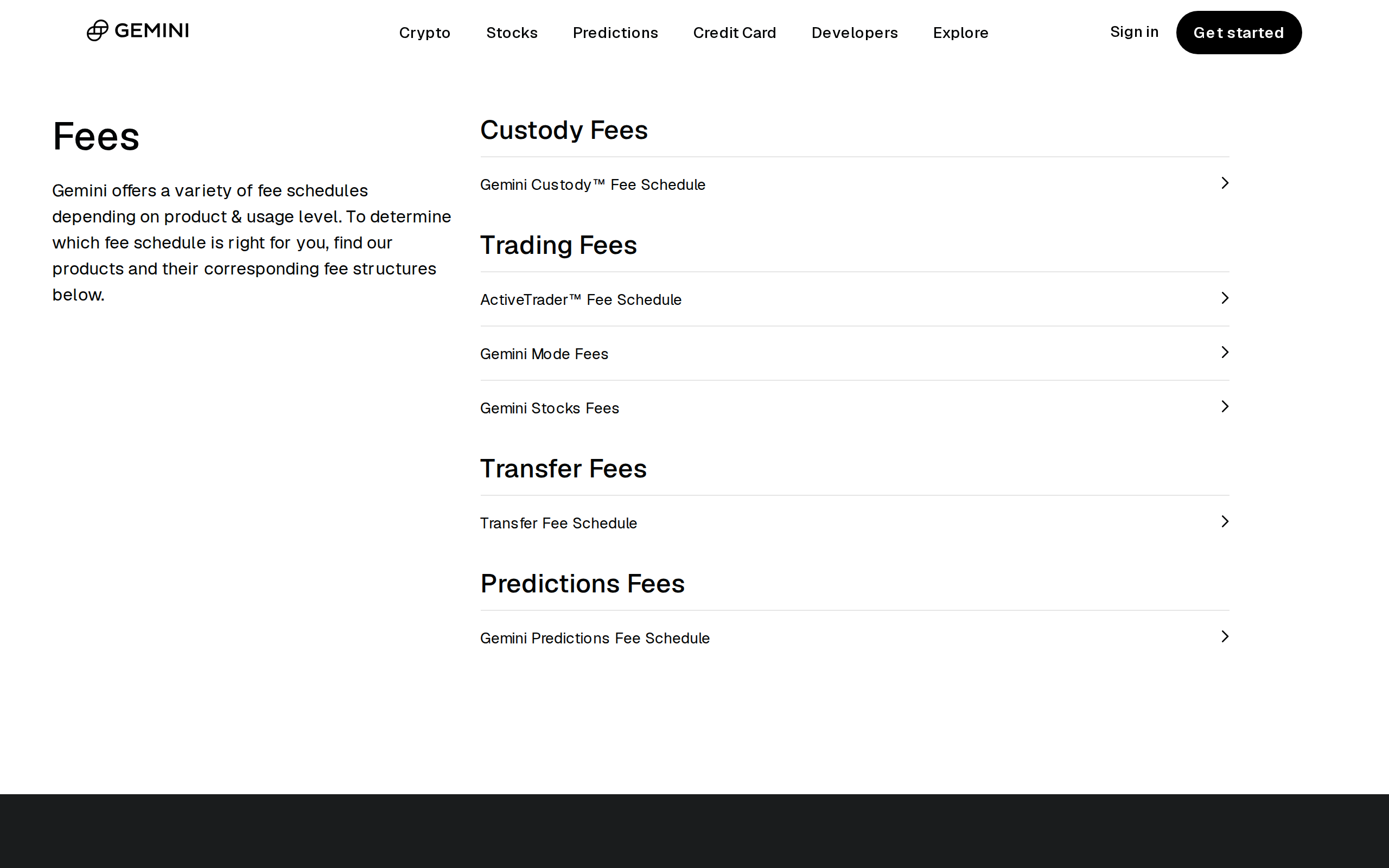 Gemini fee schedules page listing the Custody and ActiveTrader fee schedules