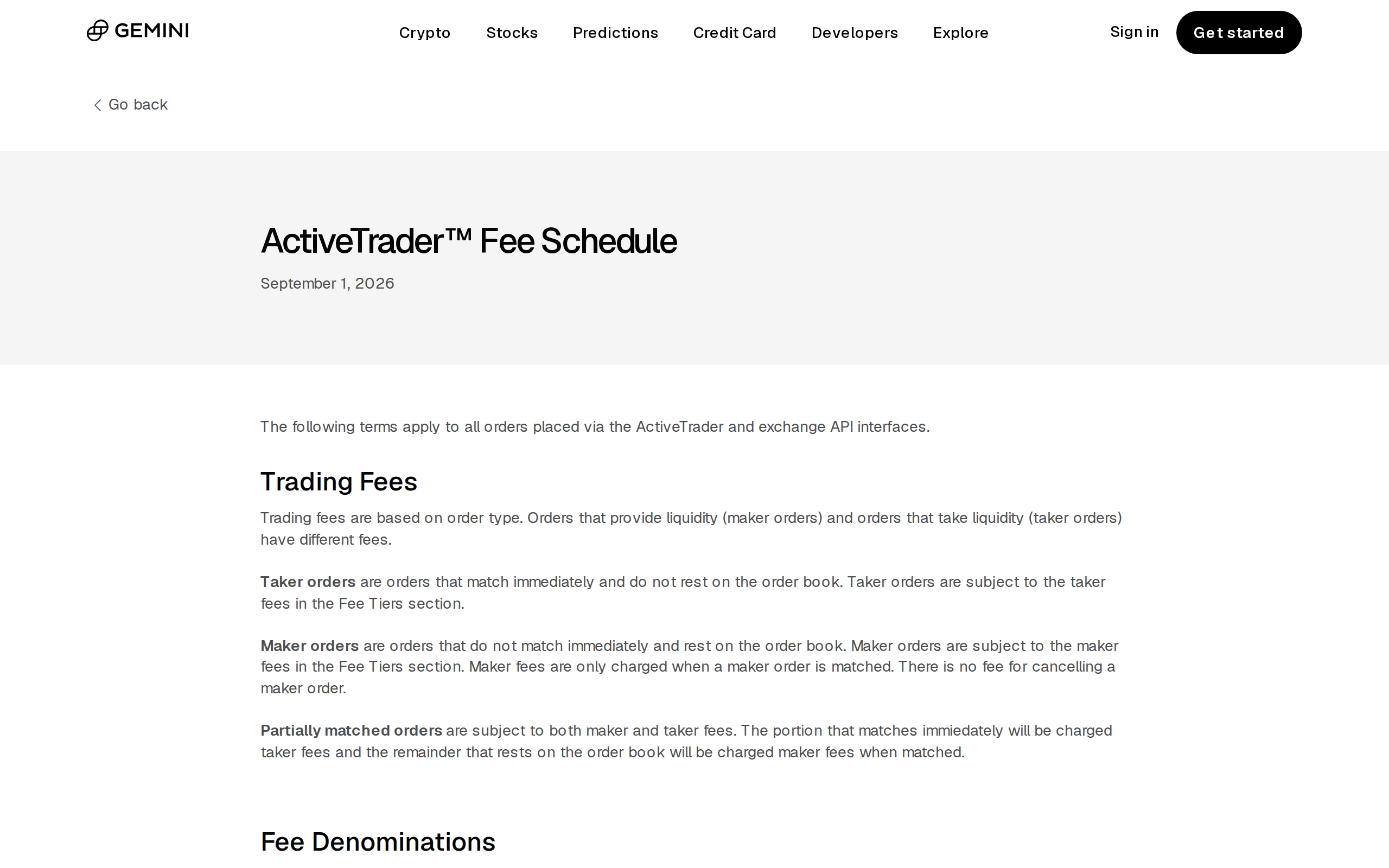 Gemini ActiveTrader fee schedule page with an explanation of maker and taker orders