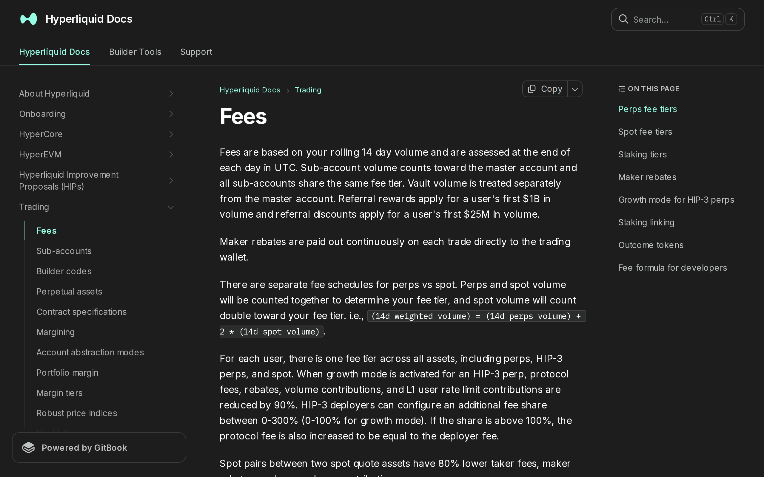 Hyperliquid fee documentation page