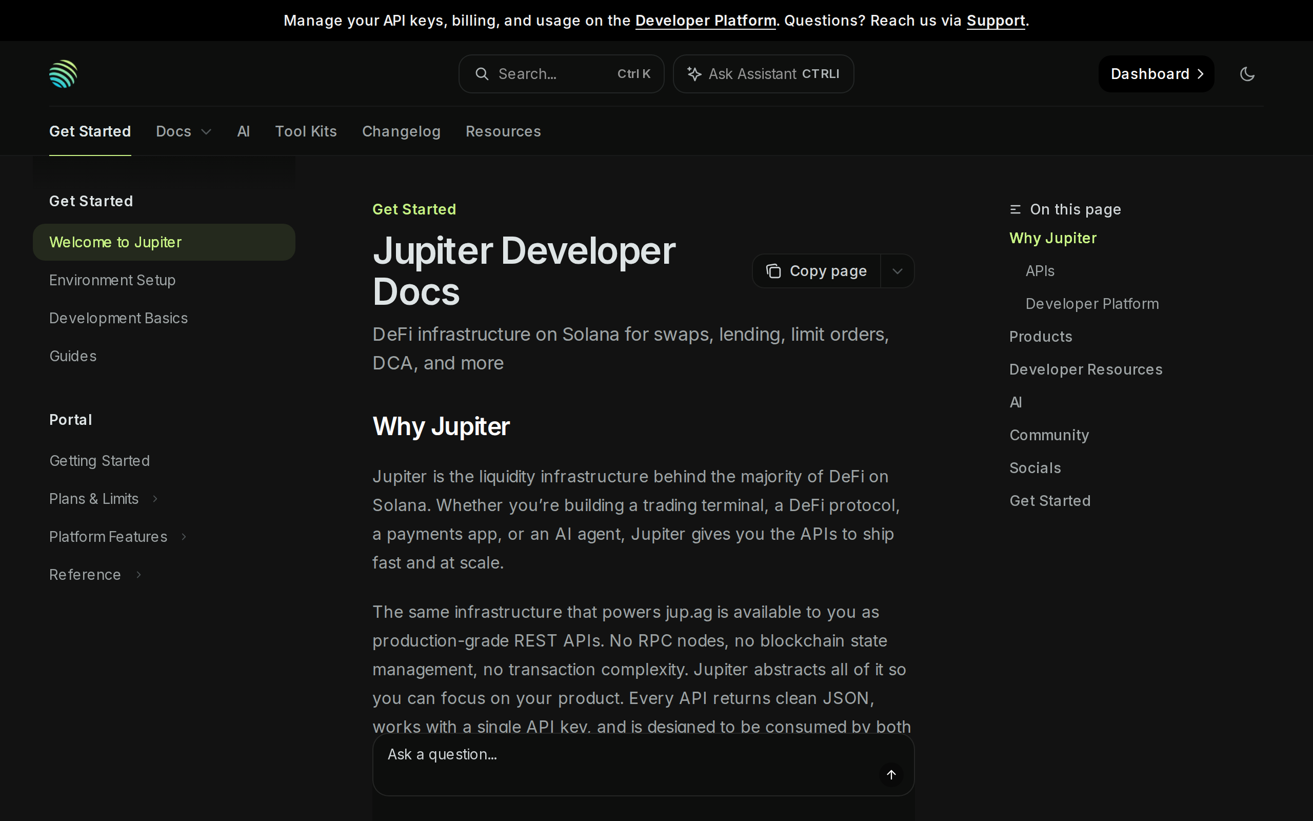 Jupiter developer documentation home page with Get Started and Portal sections
