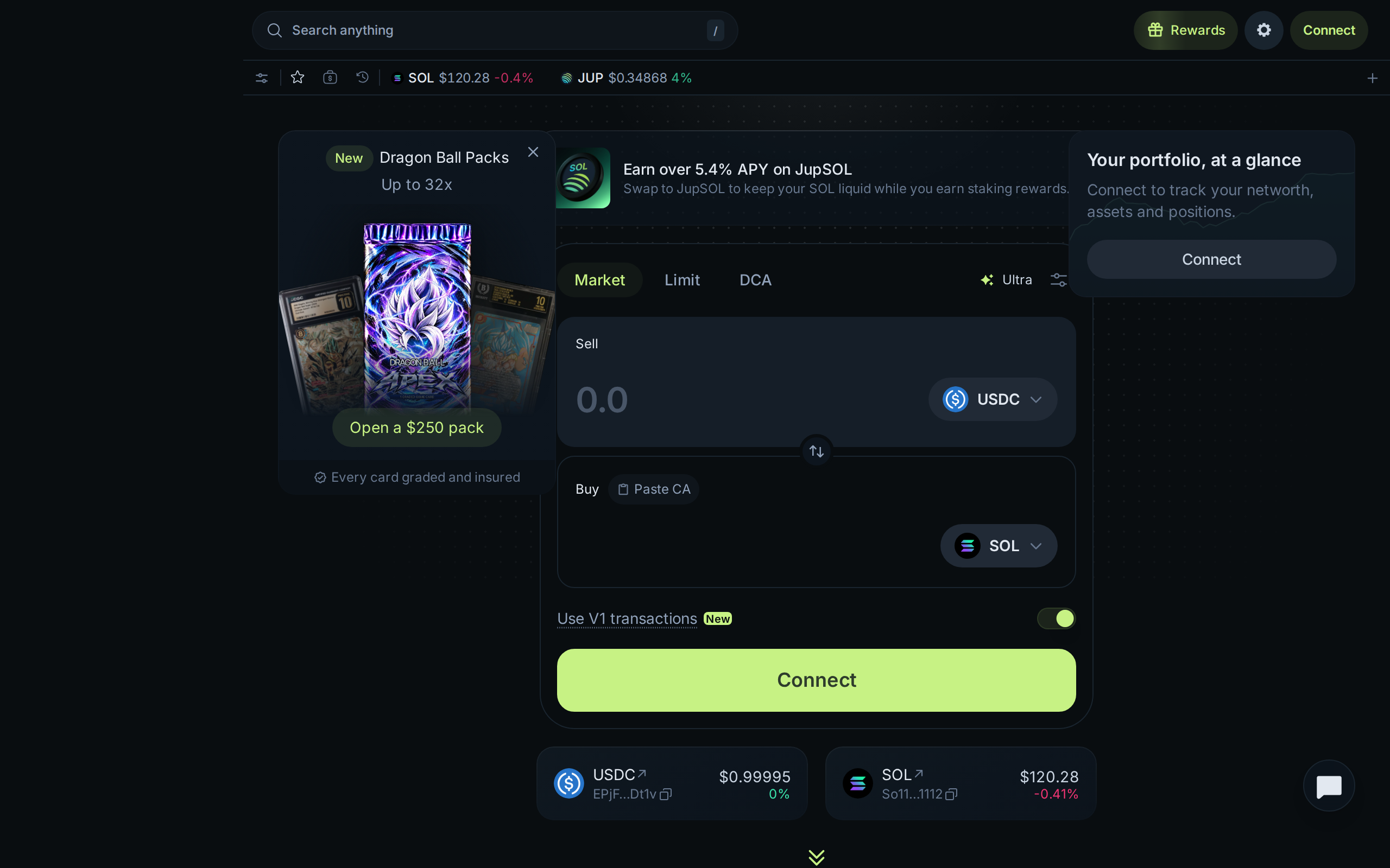 Jupiter home page with a JupSOL staking promotion and live token prices
