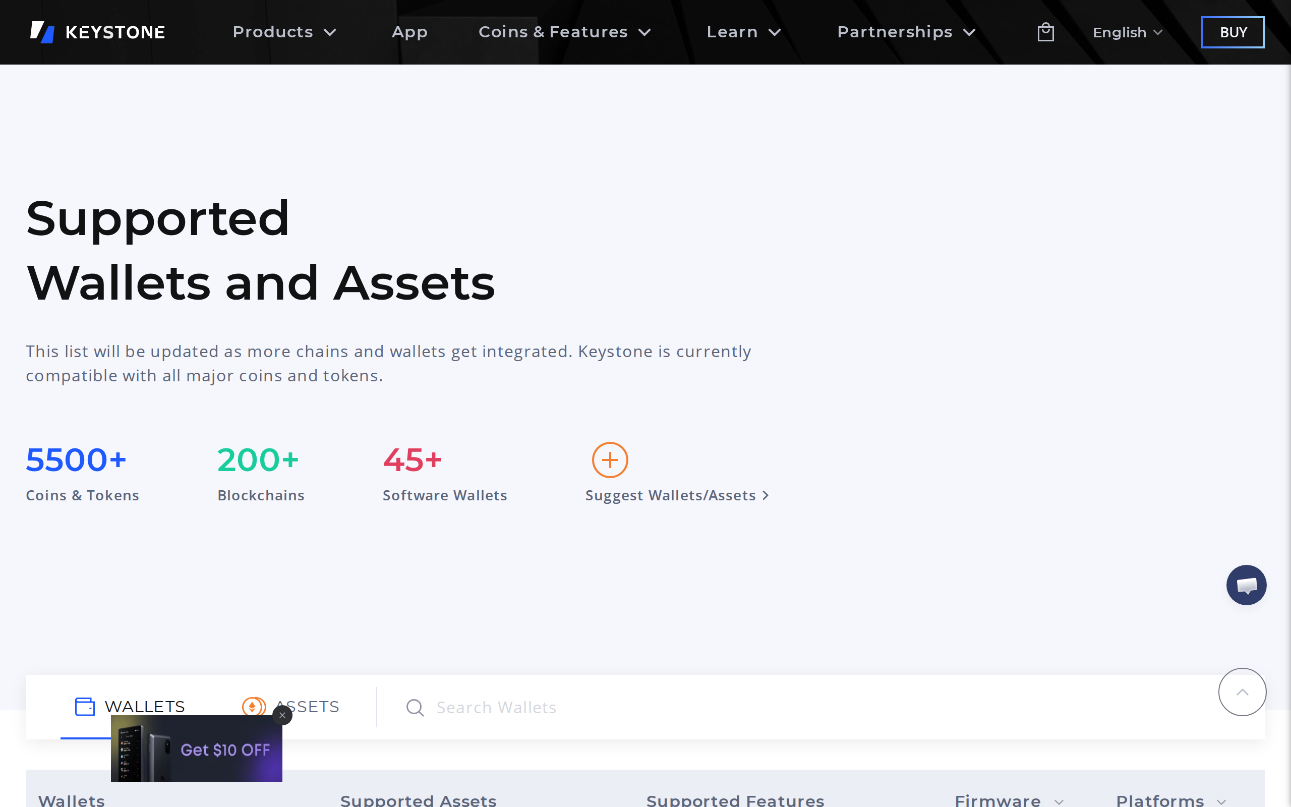 Keystone page listing supported wallets and assets, with 5500+ assets and 45+ wallets