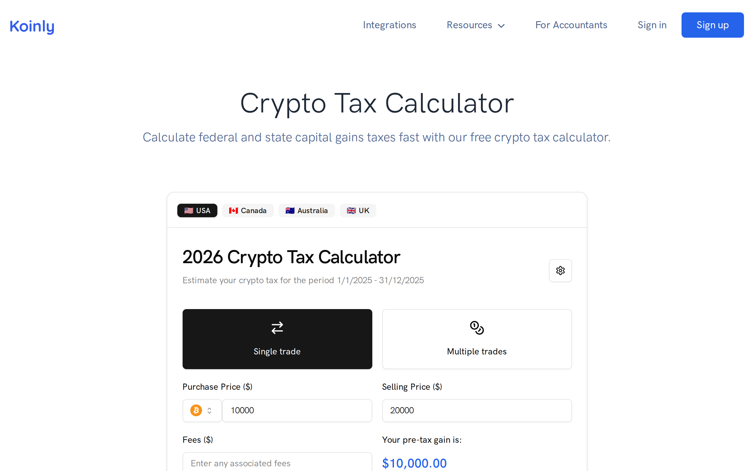 Koinly free crypto tax calculator page with a sample calculation for the 2025 tax period
