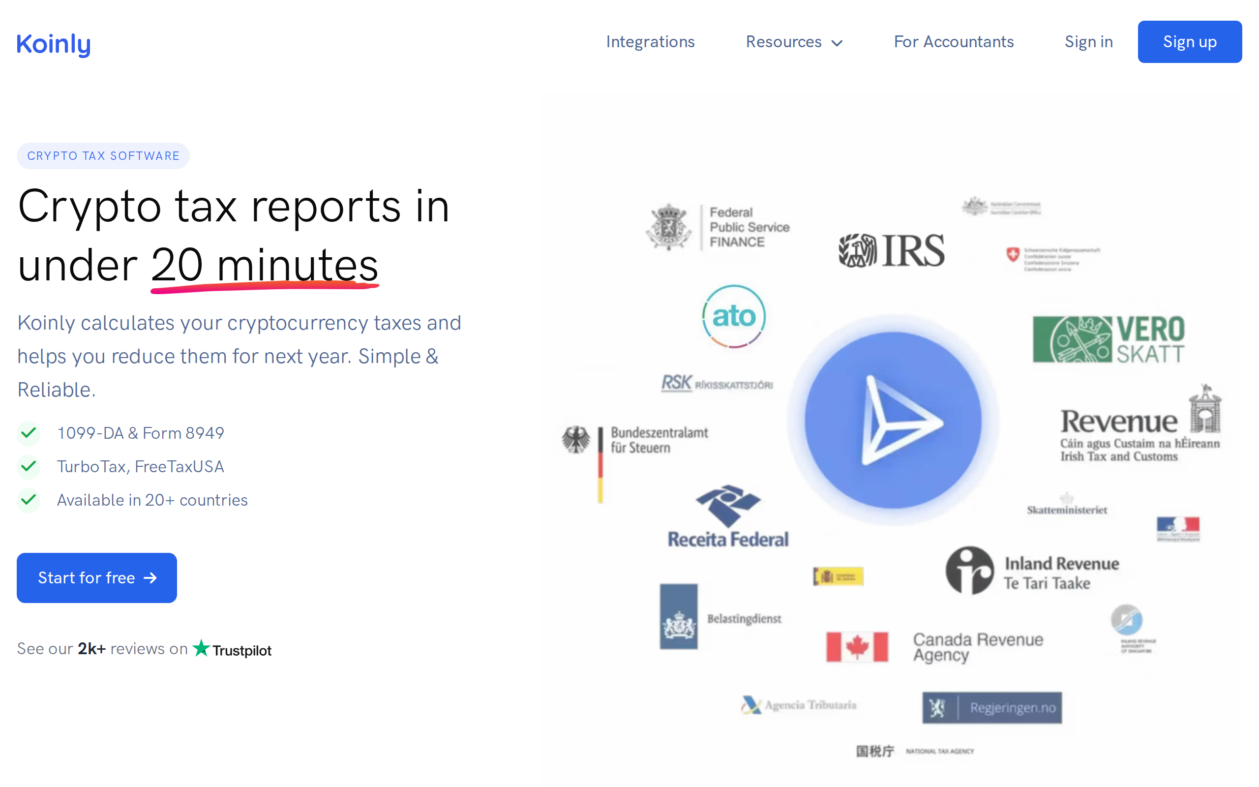 Koinly home page with the heading Crypto tax reports in under 20 minutes