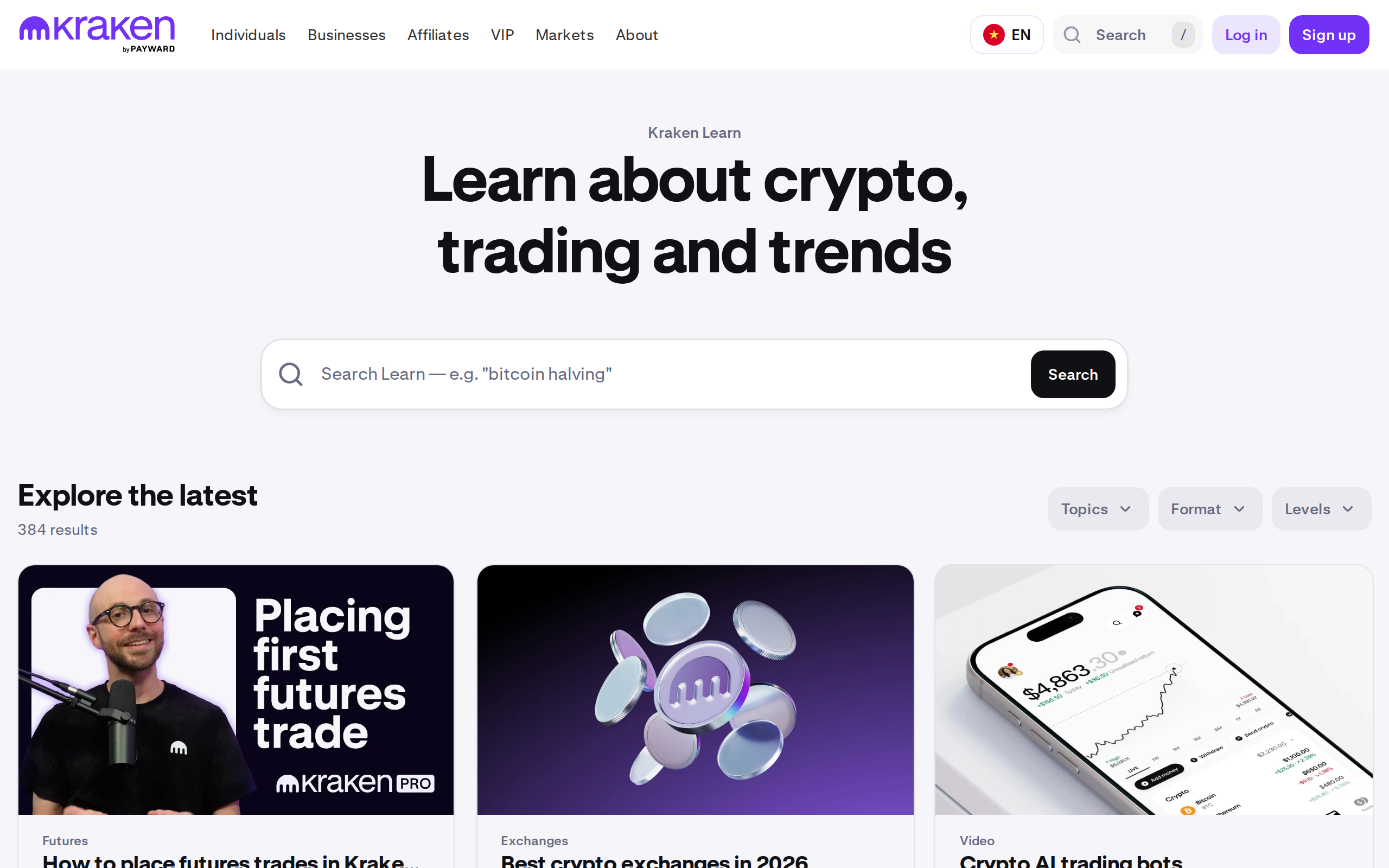 Kraken Learn page listing 384 guides, including how to place futures trades in Kraken Pro