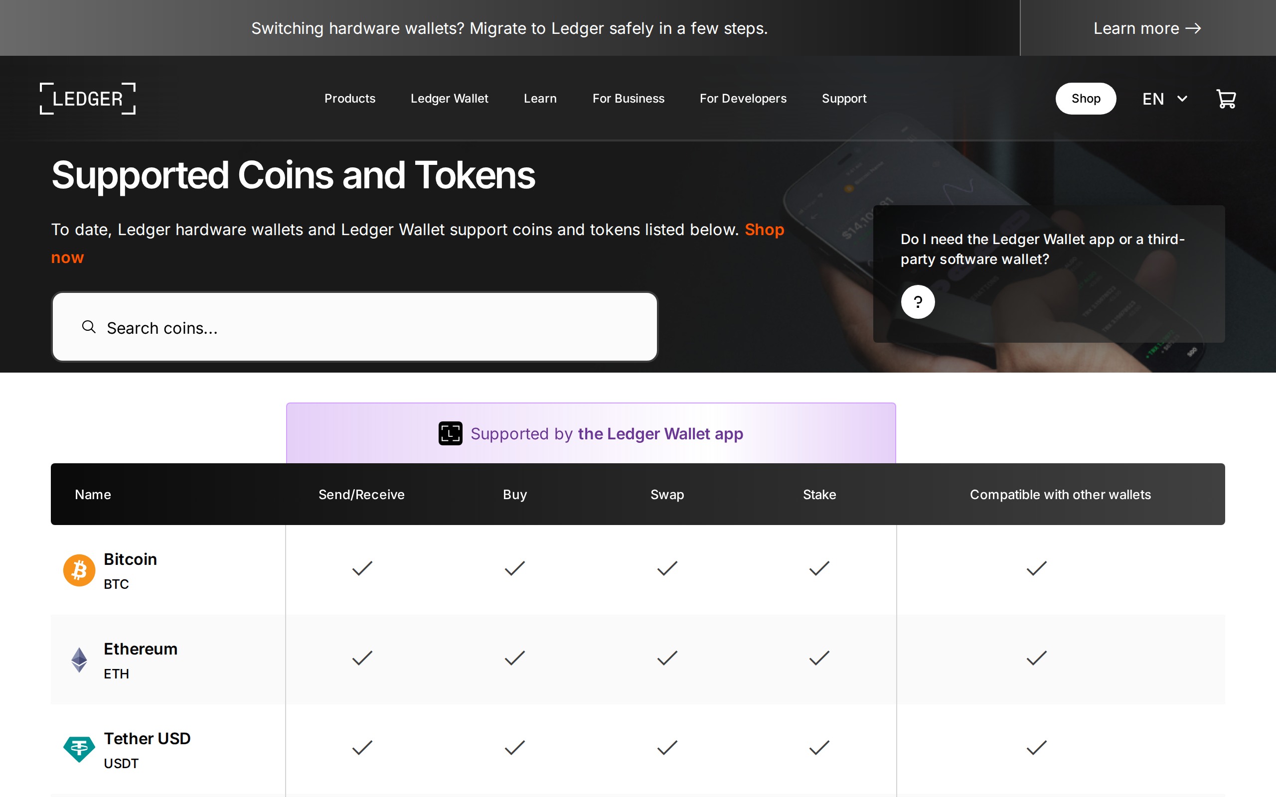 Ledger's supported coins and tokens page