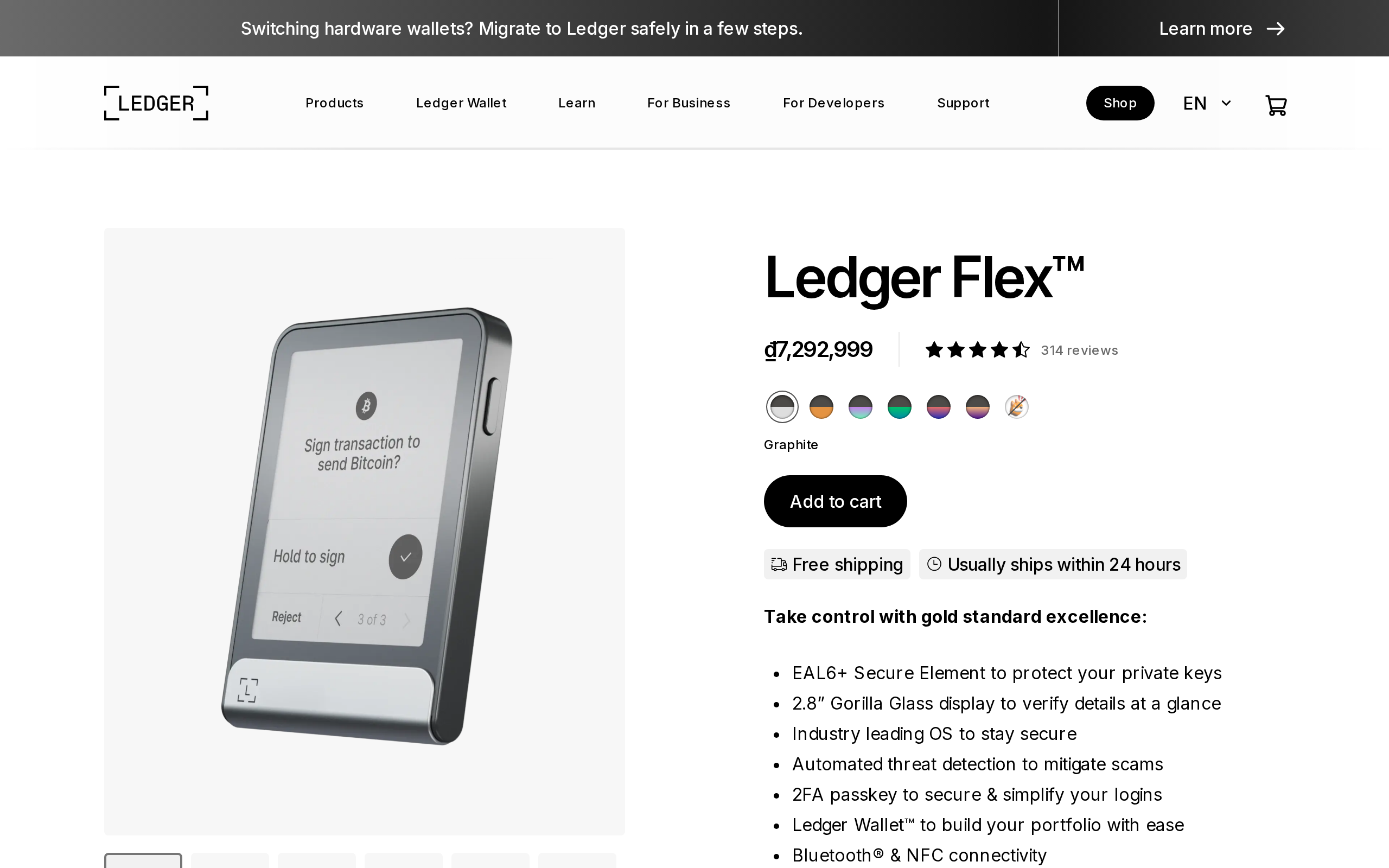 Ledger Flex product page on the Ledger shop with the heading Ledger Flex and a claim about the EAL6+ secure element