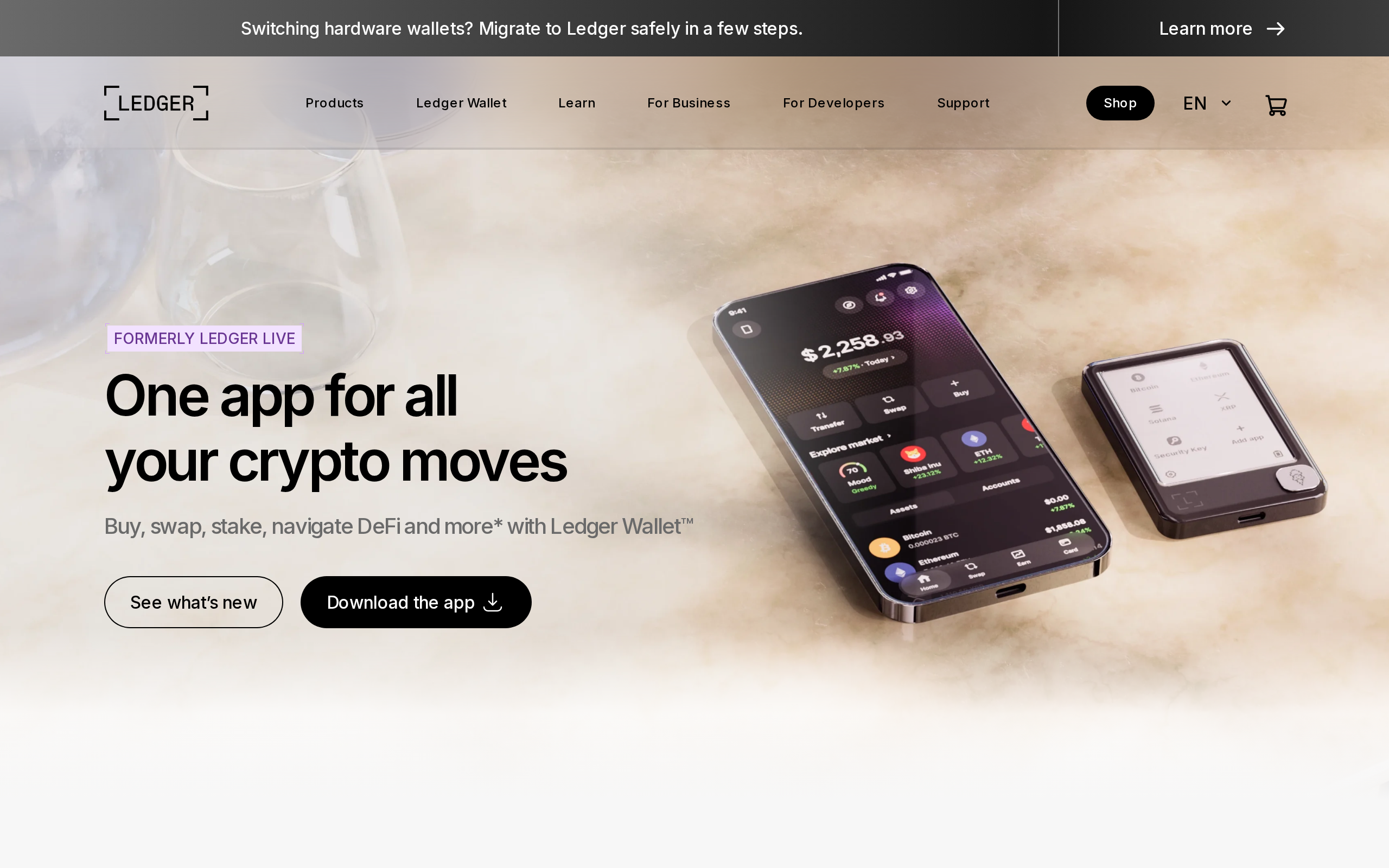 Ledger Wallet landing page with the heading One app for all your crypto moves