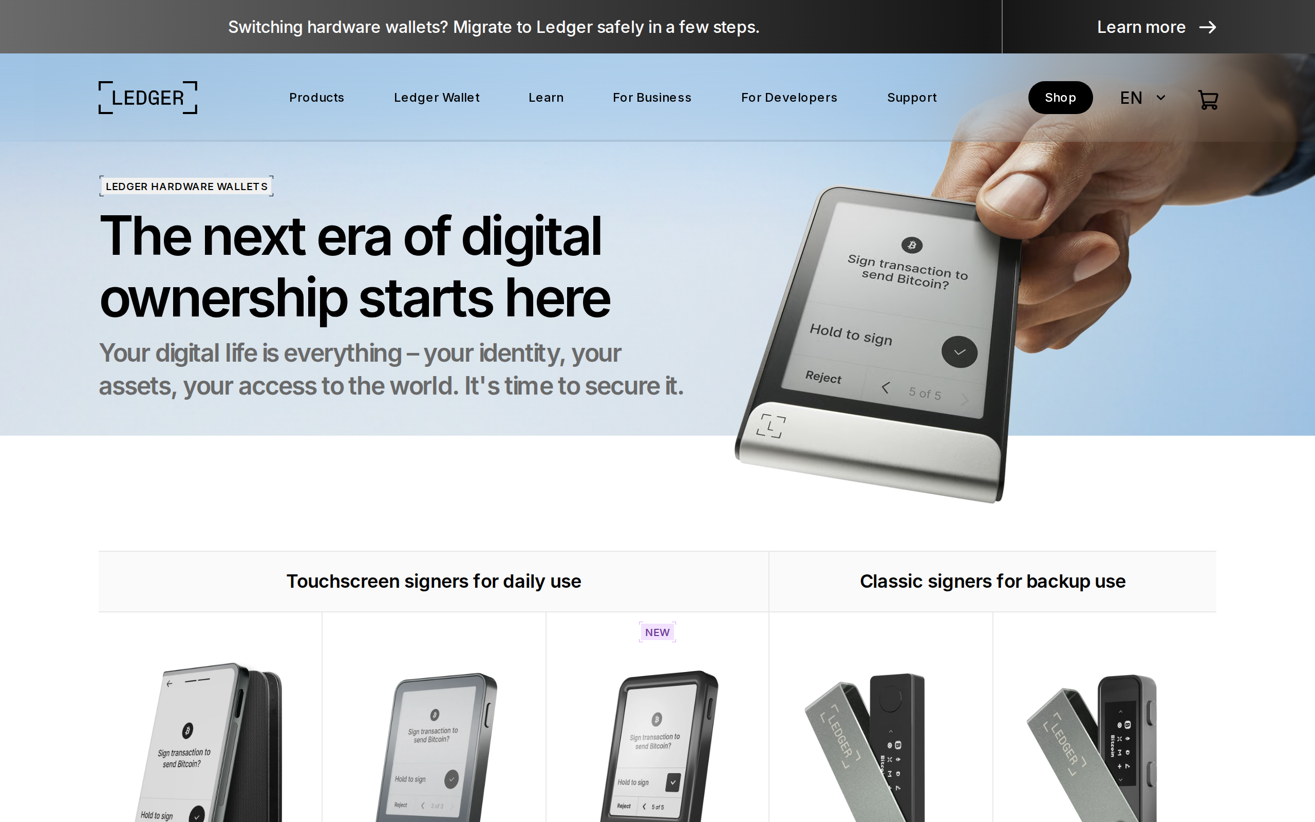 Ledger hardware wallets page with the heading The next era of digital ownership starts here