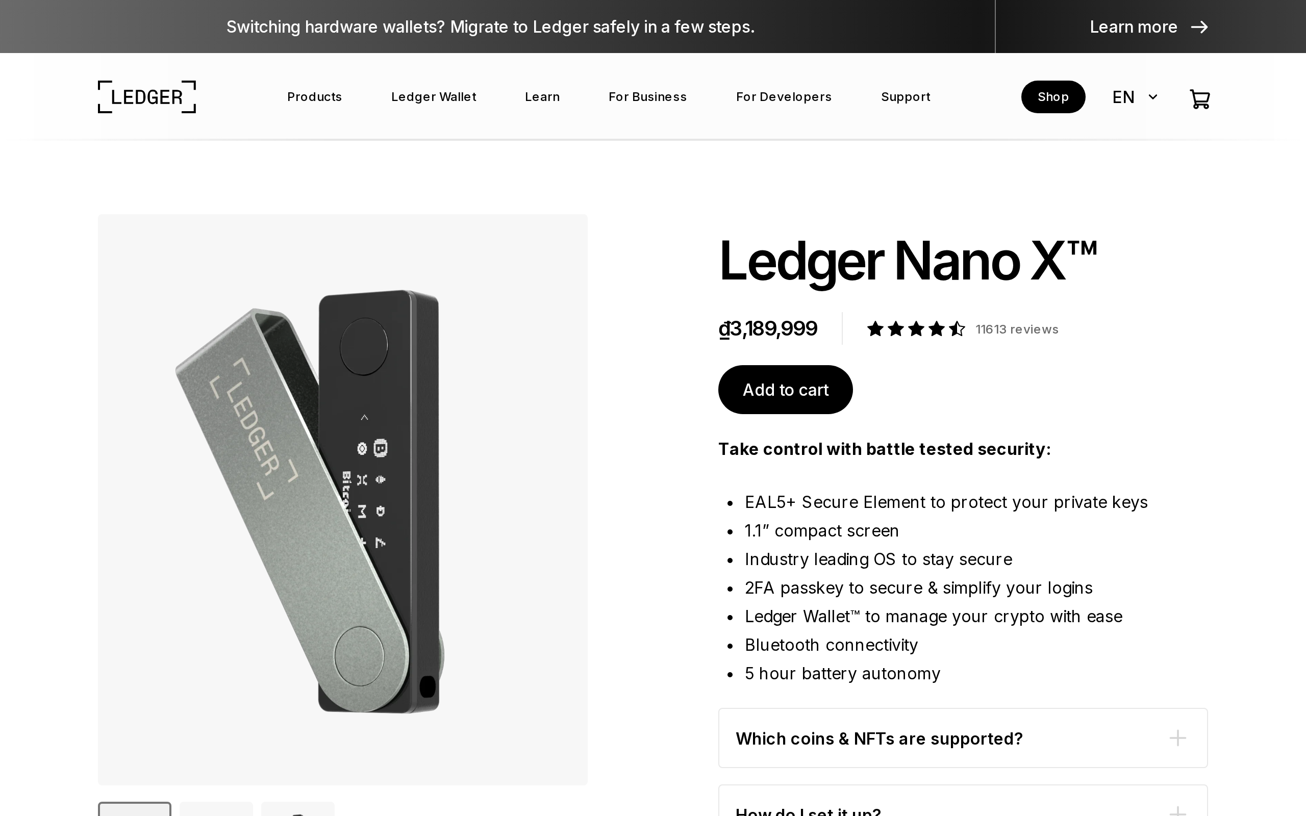 Ledger Nano X product page stating an EAL5+ Secure Element protects your private keys