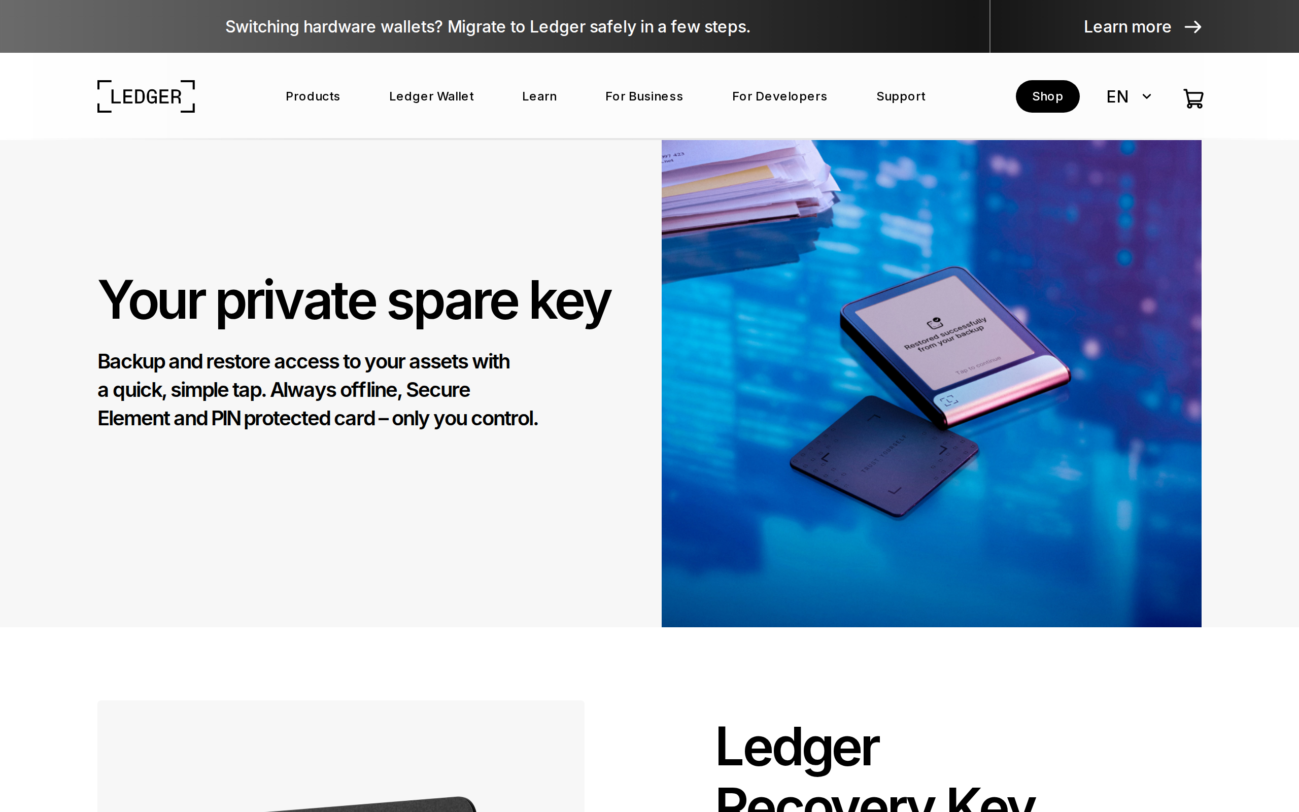 Ledger Recovery Key page describing backup and restore with a tap, offline and PIN protected