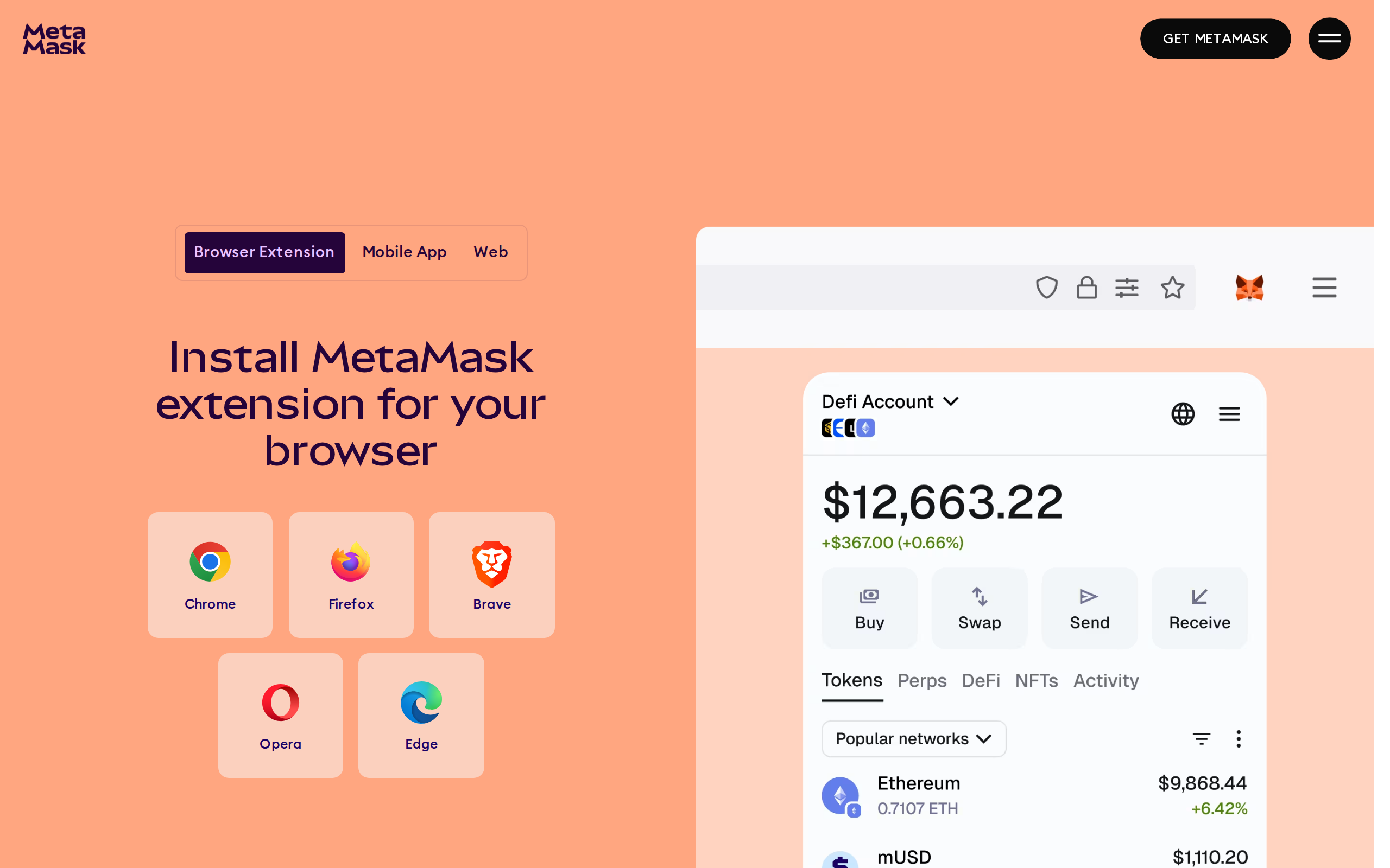 MetaMask download page headed Install MetaMask extension for your browser